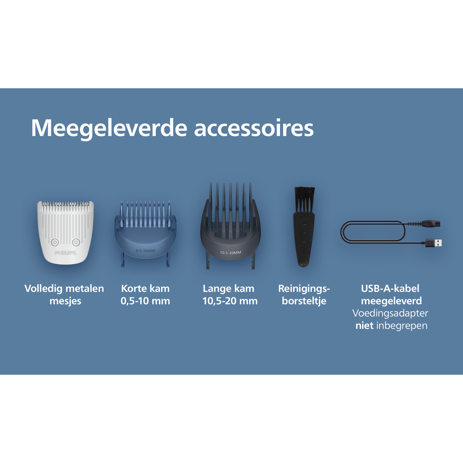 Image shows accessories: a metal blade, short and long combs, a cleaning brush, and a USB-A cable. Text indicates power adapter not included.