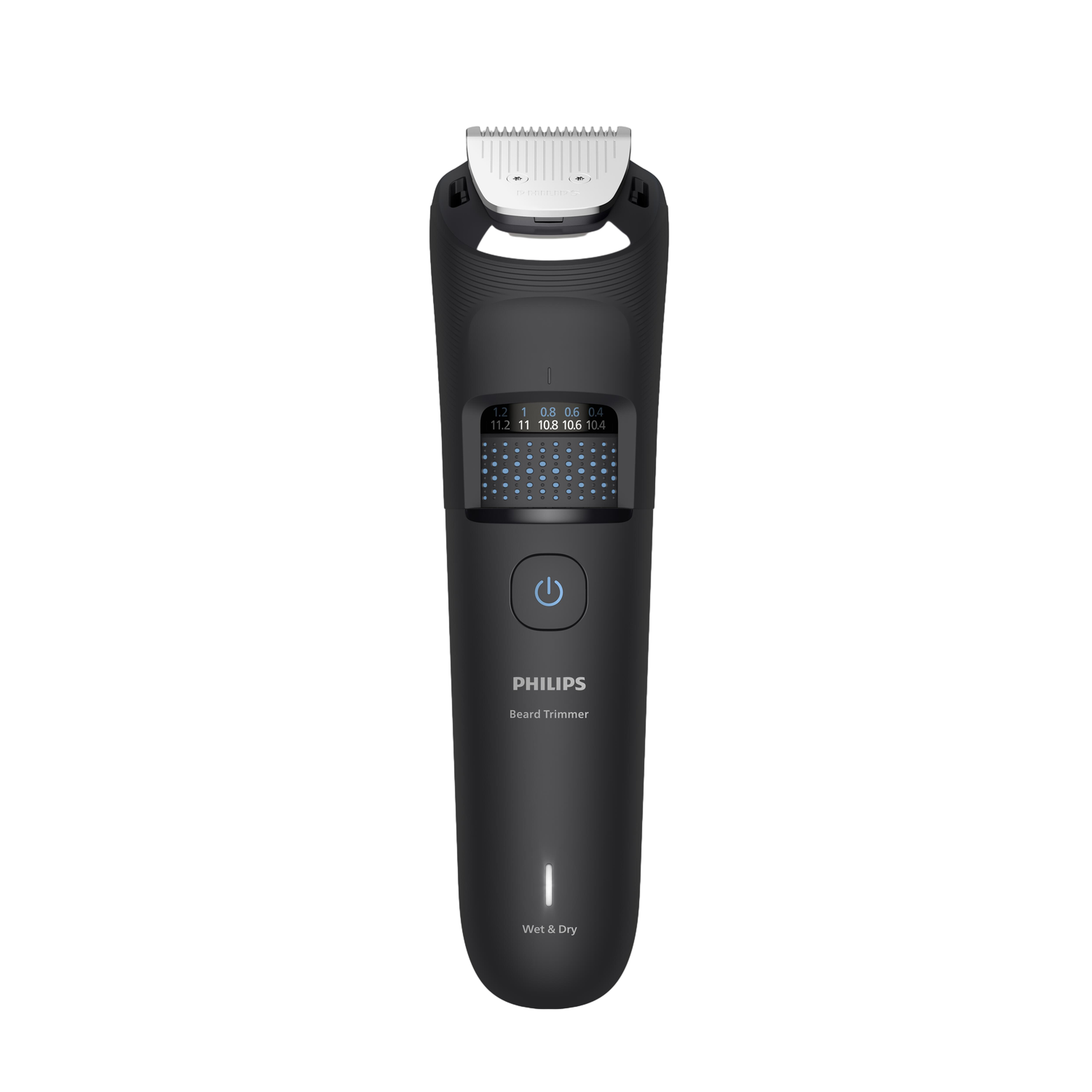 A black Philips beard trimmer, displaying length settings and a power button, against a black background. It's labeled 'Wet & Dry'.
