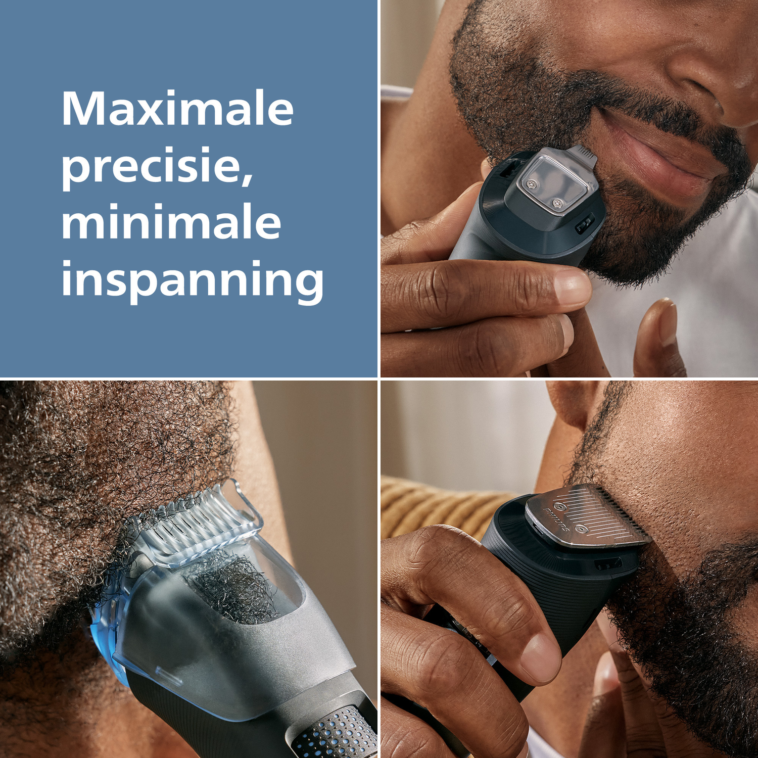 Close-up shots show a man using a dark gray beard trimmer on his face. The device is against his beard, trimming the hair precisely.