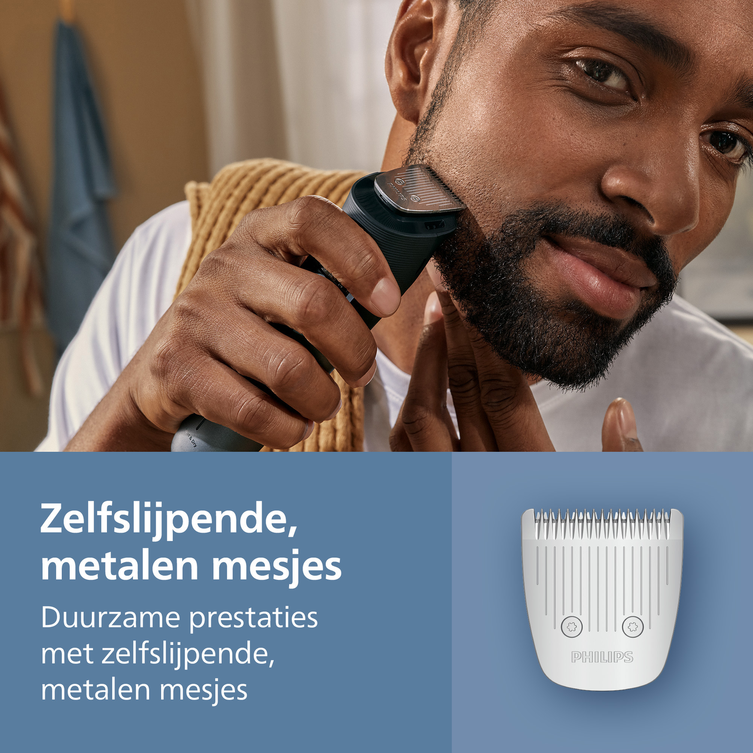 A man shaves his beard with a black electric razor. The razor's blade is visible. A product detail is on the right side.