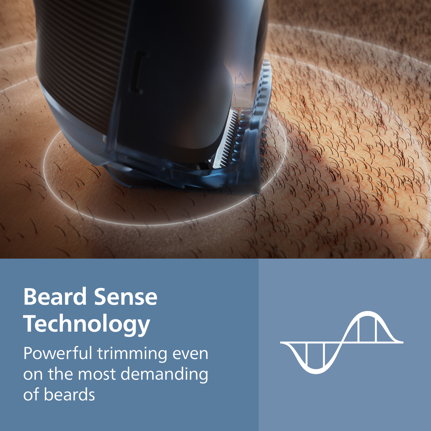 A close-up shows a beard trimmer cutting facial hair. A blue section on the bottom left contains text about the product.