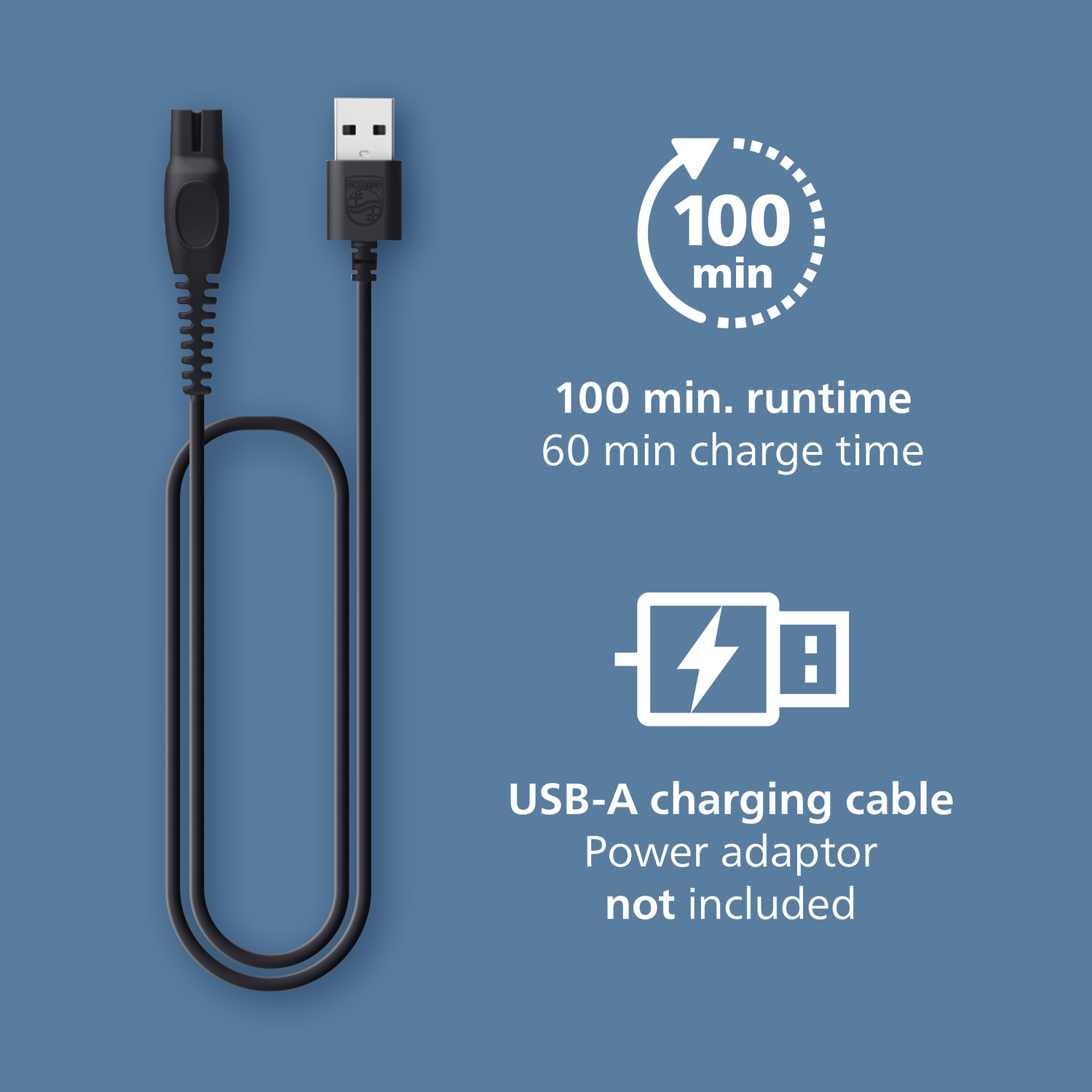 Image shows a black USB-A charging cable and specifications. It includes a 100-min runtime and 60-min charge time. Power adaptor not included.
