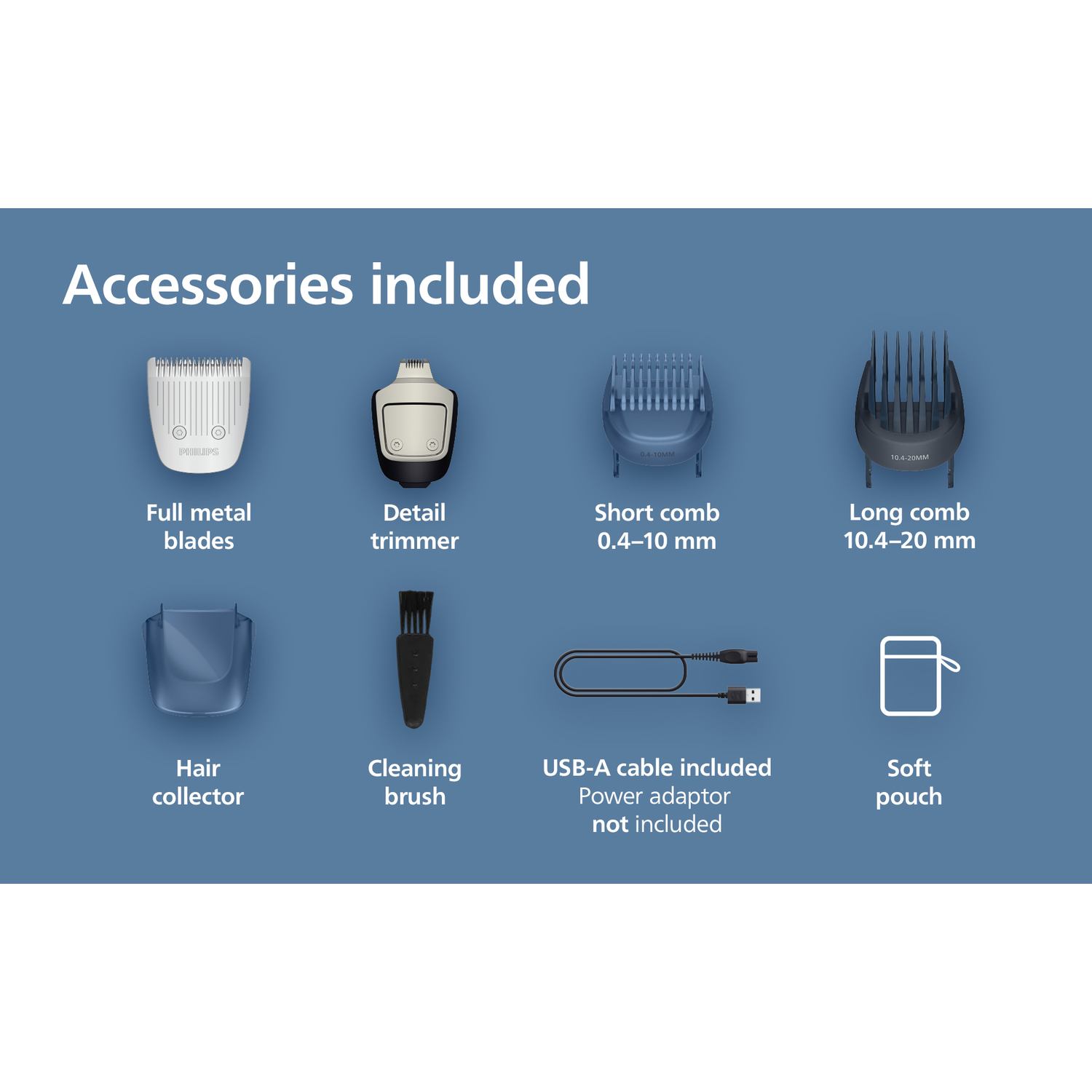 Image shows accessories included: blades, trimmer, combs, hair collector, brush, USB cable, and pouch. Text reads 'Accessories included'.