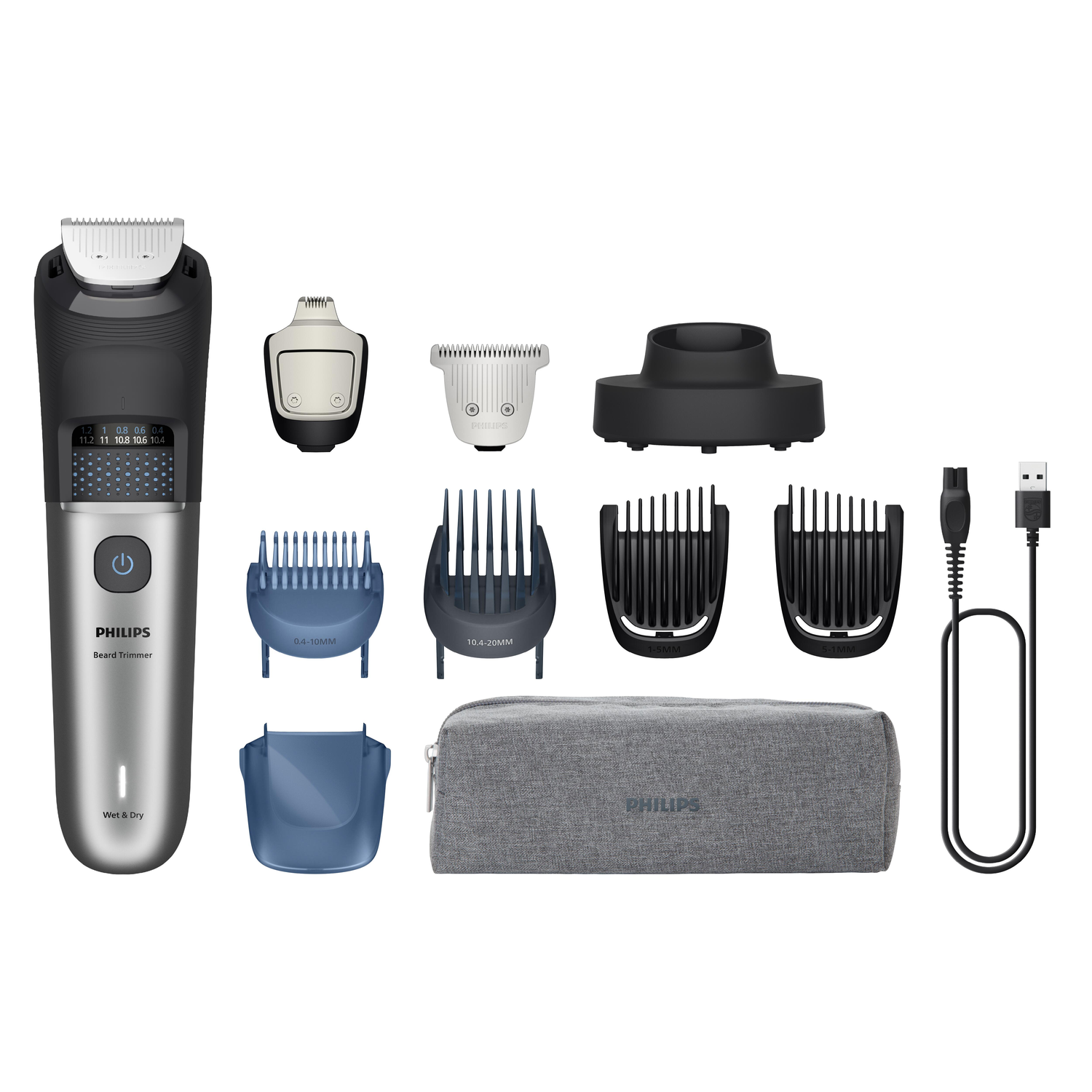 A Philips beard trimmer set with various attachments, charger, and a gray pouch. The trimmer is silver and black.