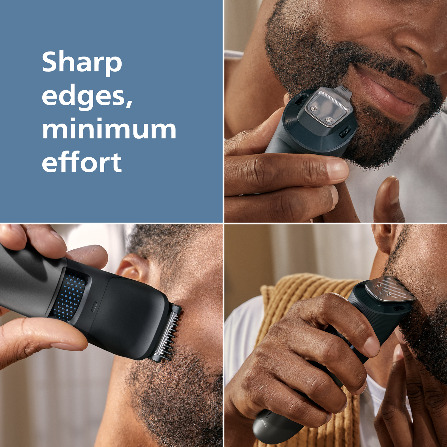 A Black man shaves his beard with a black electric trimmer. The image shows multiple shots of the man using the trimmer on his face.