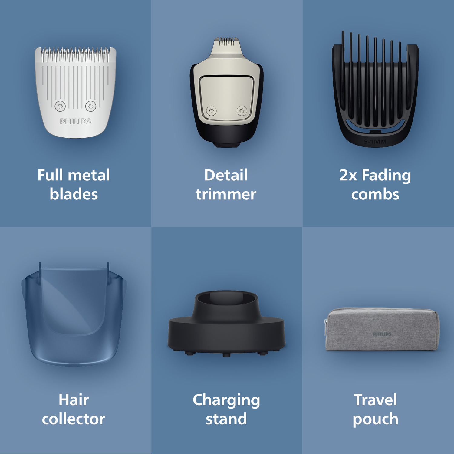 Image shows shaver accessories: full metal blades, detail trimmer, fading combs, hair collector, charging stand, and a travel pouch.
