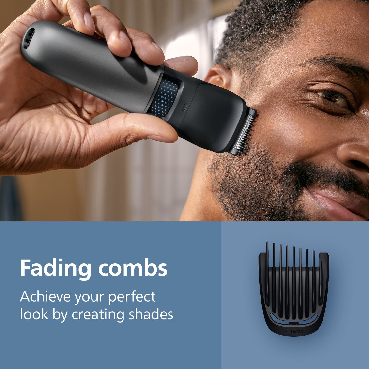 A man shaves his beard with a black trimmer. A fading comb is shown below. Text reads, 'Fading combs. Achieve your perfect look'.