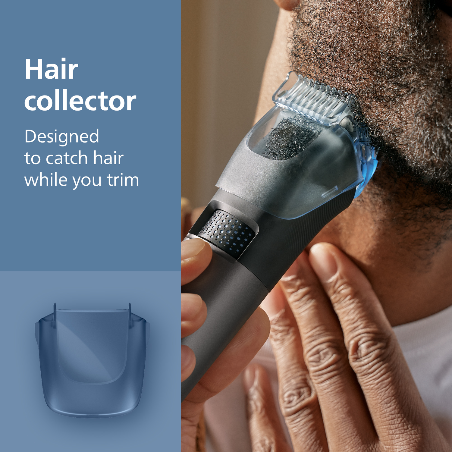 A person shaves their beard with a trimmer. The trimmer has a hair collector. The background has text that says 'Hair collector'.