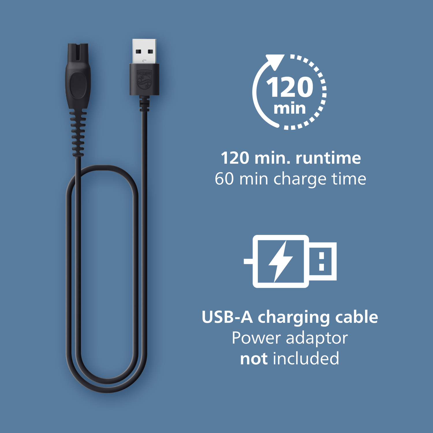 Black USB-A charging cable, 120 min runtime, 60 min charge time. Power adaptor not included. White icons on blue background.