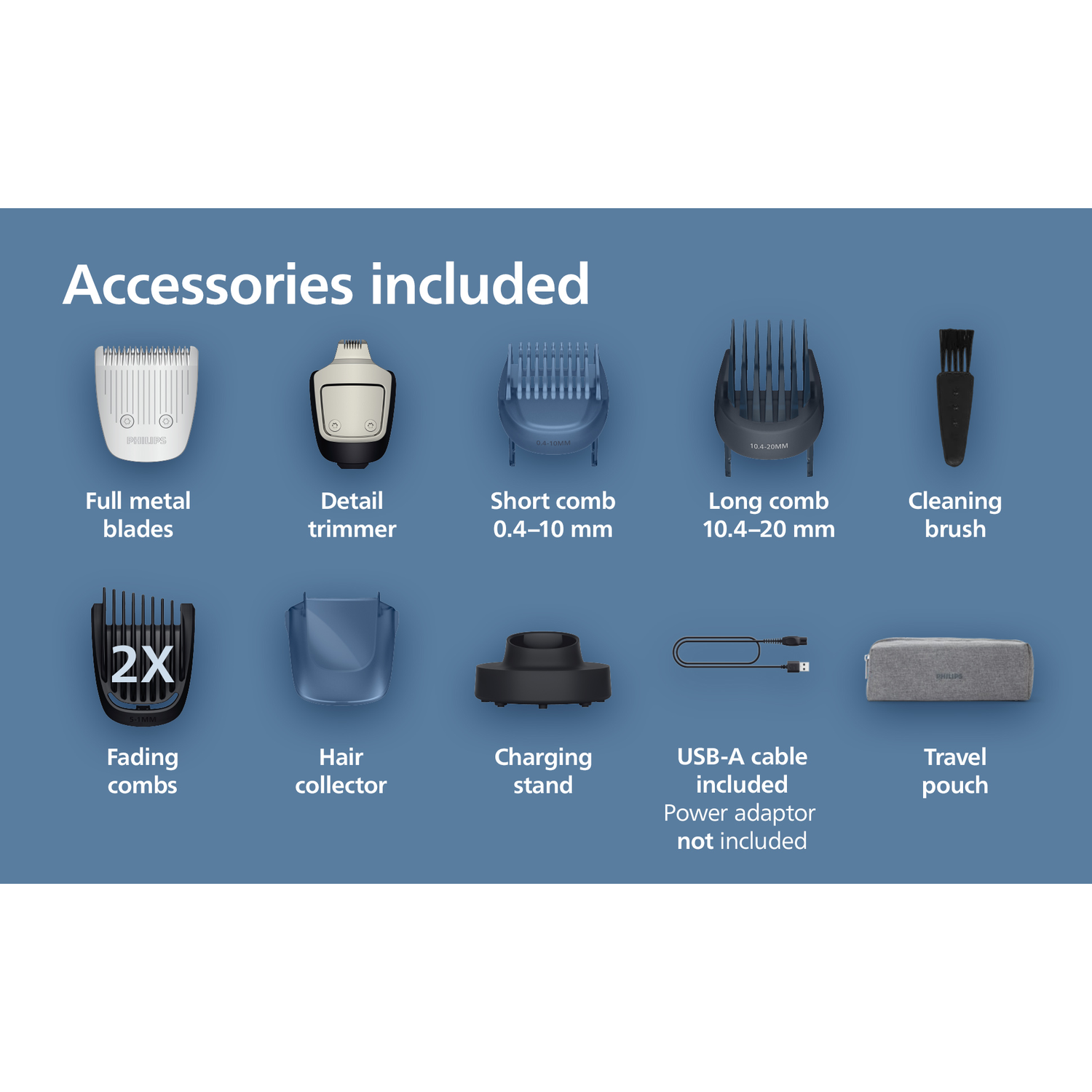 Image shows accessories including blades, trimmers, combs, a brush, fading combs, hair collector, charging stand, USB cable, and travel pouch.