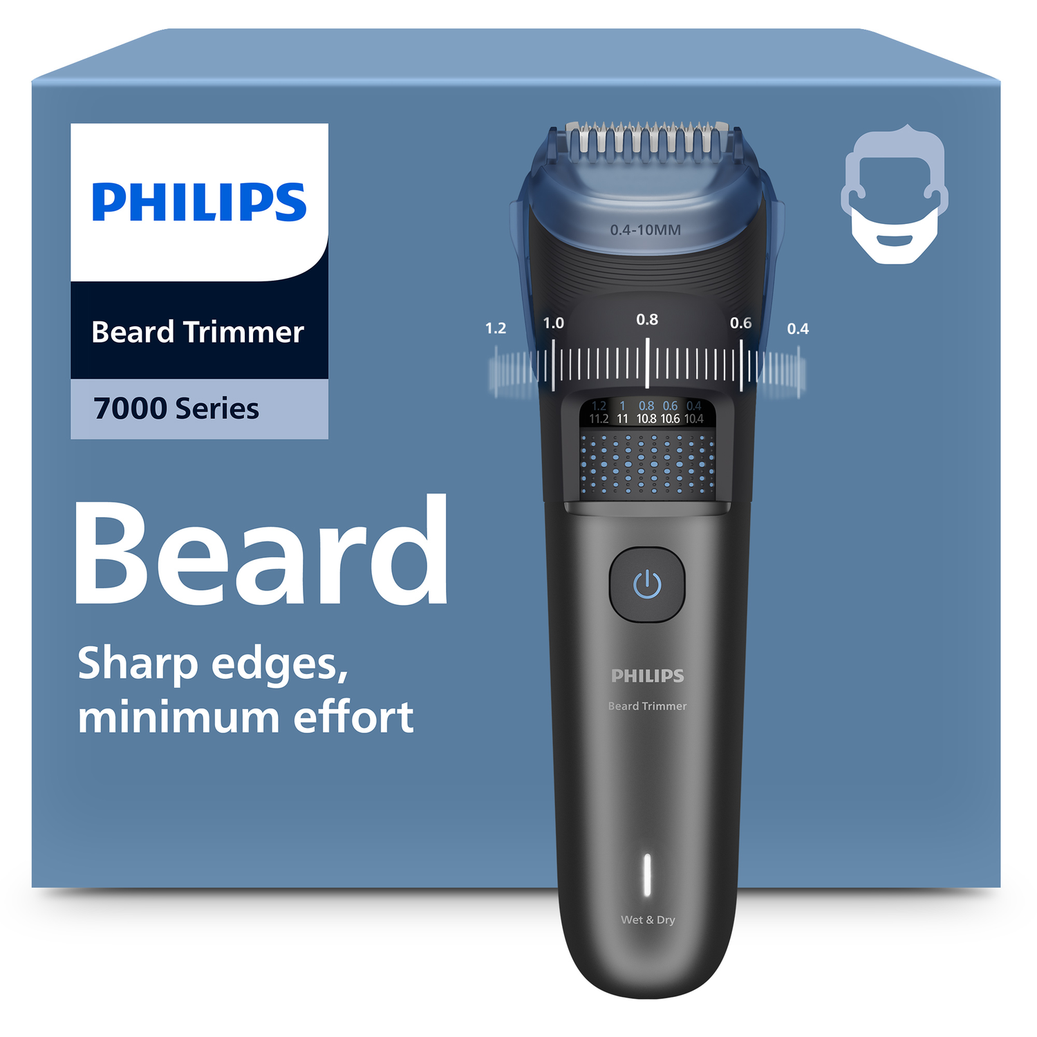 A Philips beard trimmer is shown with a blue background. Text includes "Beard", "Sharp edges", and "Wet & Dry".