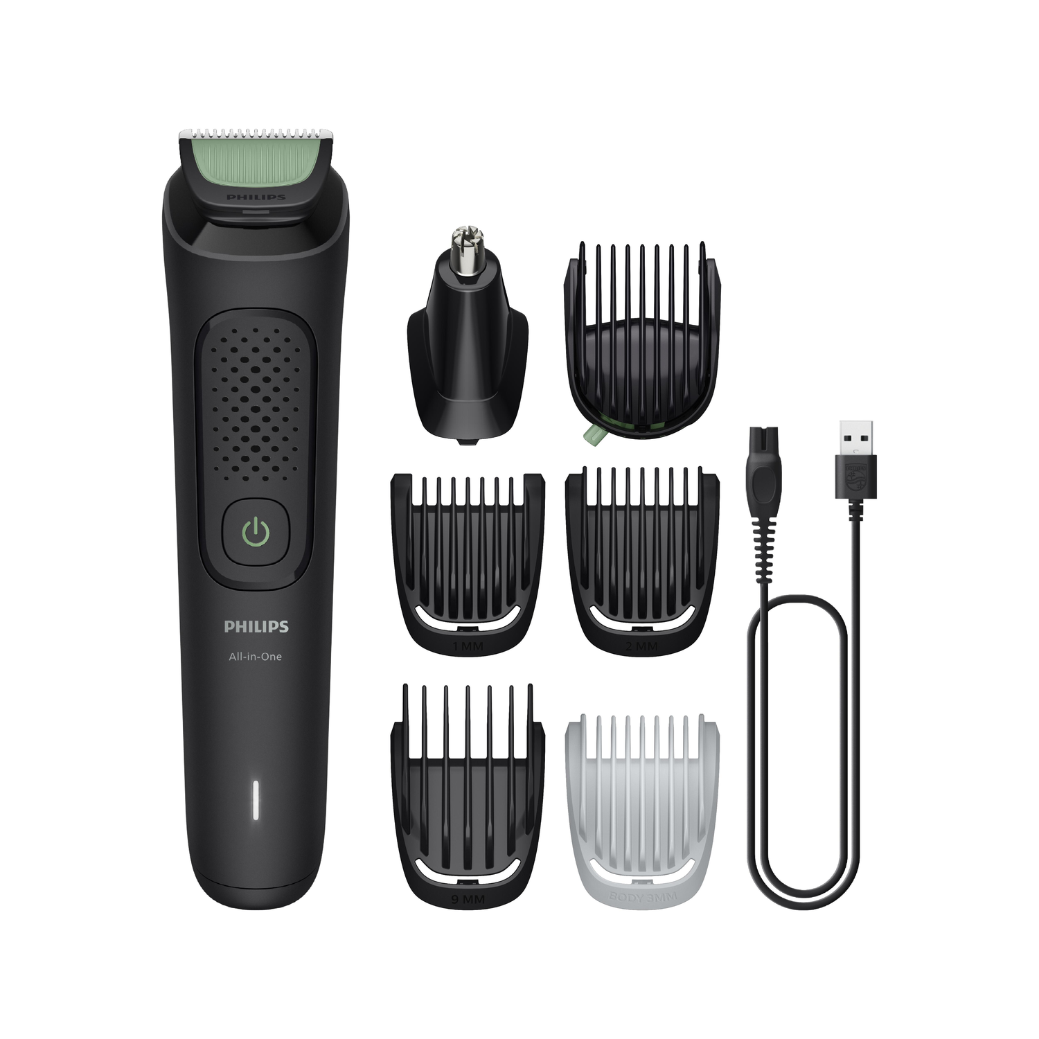 Un ensemble de tondeuse Philips All-in-One noir. Inclut la tondeuse, divers accessoires, un coupe-nez et un câble USB.