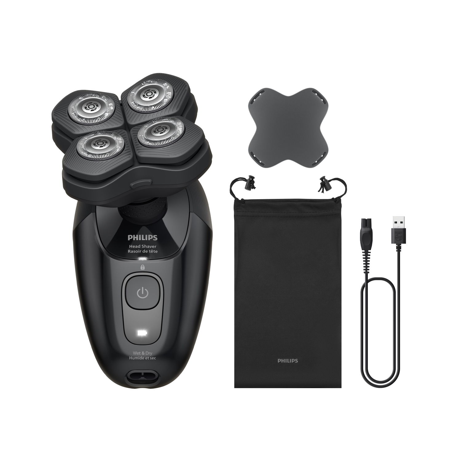 Black Philips head shaver with four rotary heads, a charging cable, a pouch, and a protective cover, all on a white background.