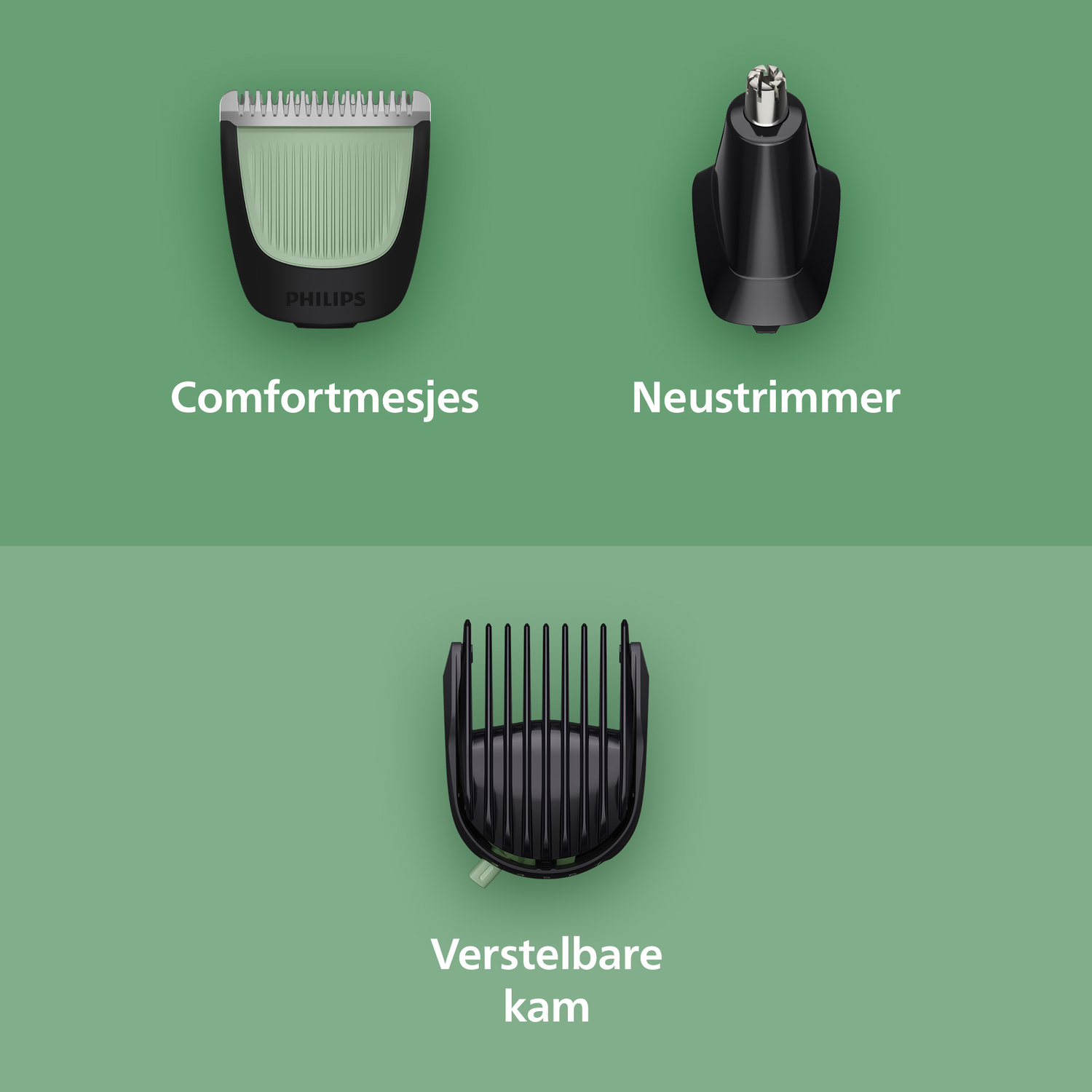 L'image montre trois accessoires de toilettage Philips noirs sur fond vert. Étiquetés : Comfortmesjes, Neustrimmer et Verstelbare kam.
