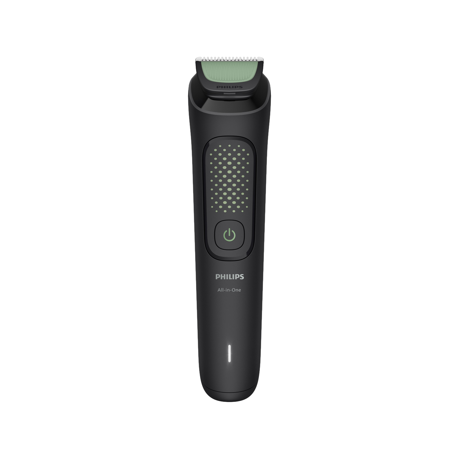 A black Philips All-in-One trimmer. It has a green blade, a power button, and a charging indicator light. The background is black.
