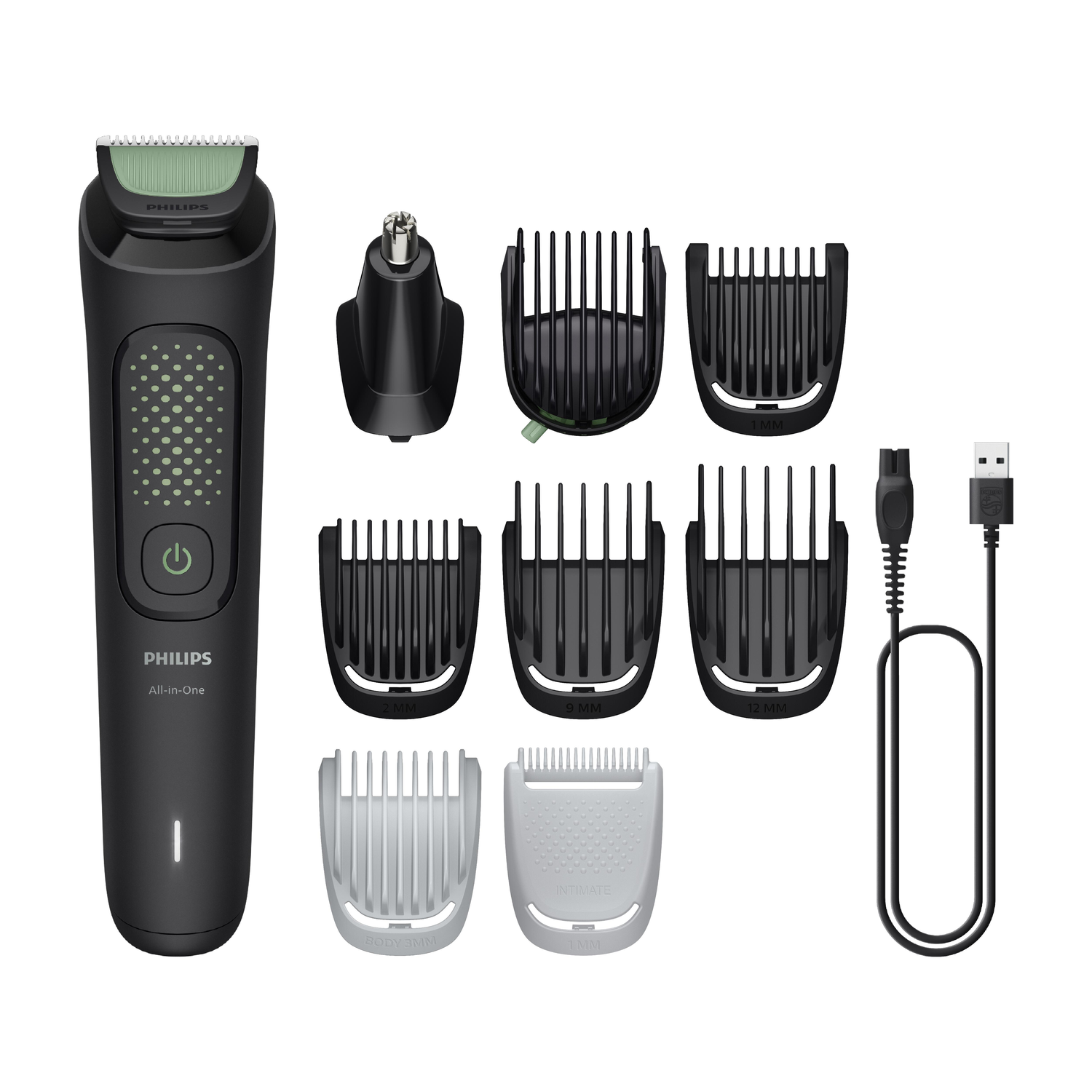 A Philips All-in-One trimmer and attachments are displayed on a white background, including various comb attachments and a USB cable.