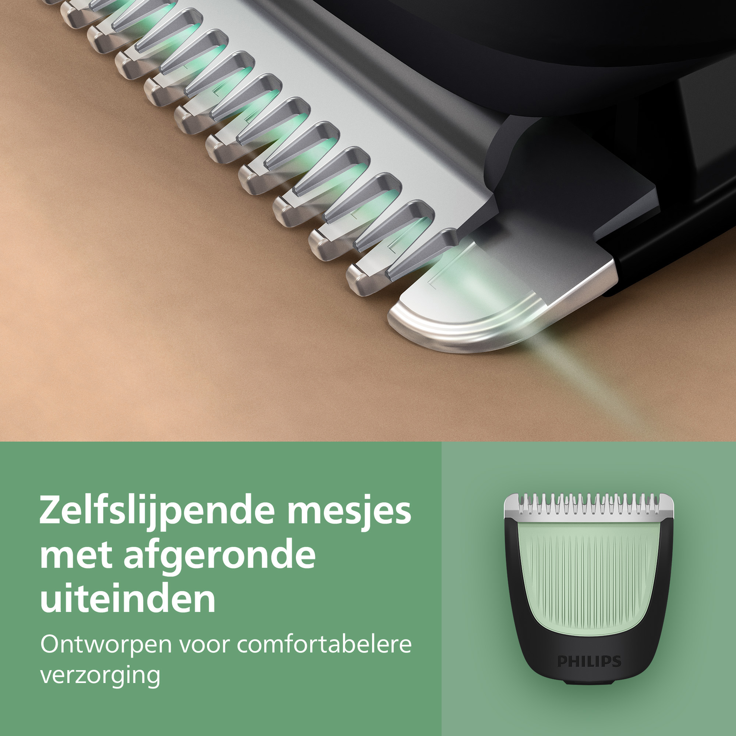 Close-up of a Philips shaver head with sharp blades. The text says 'Self-sharpening blades with rounded ends'. 