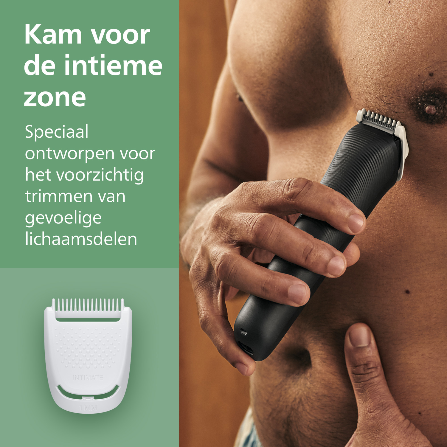 A man using a black trimmer on his chest. A white trimmer head is attached. Text on the left reads 'intimate zone' and '1MM'.