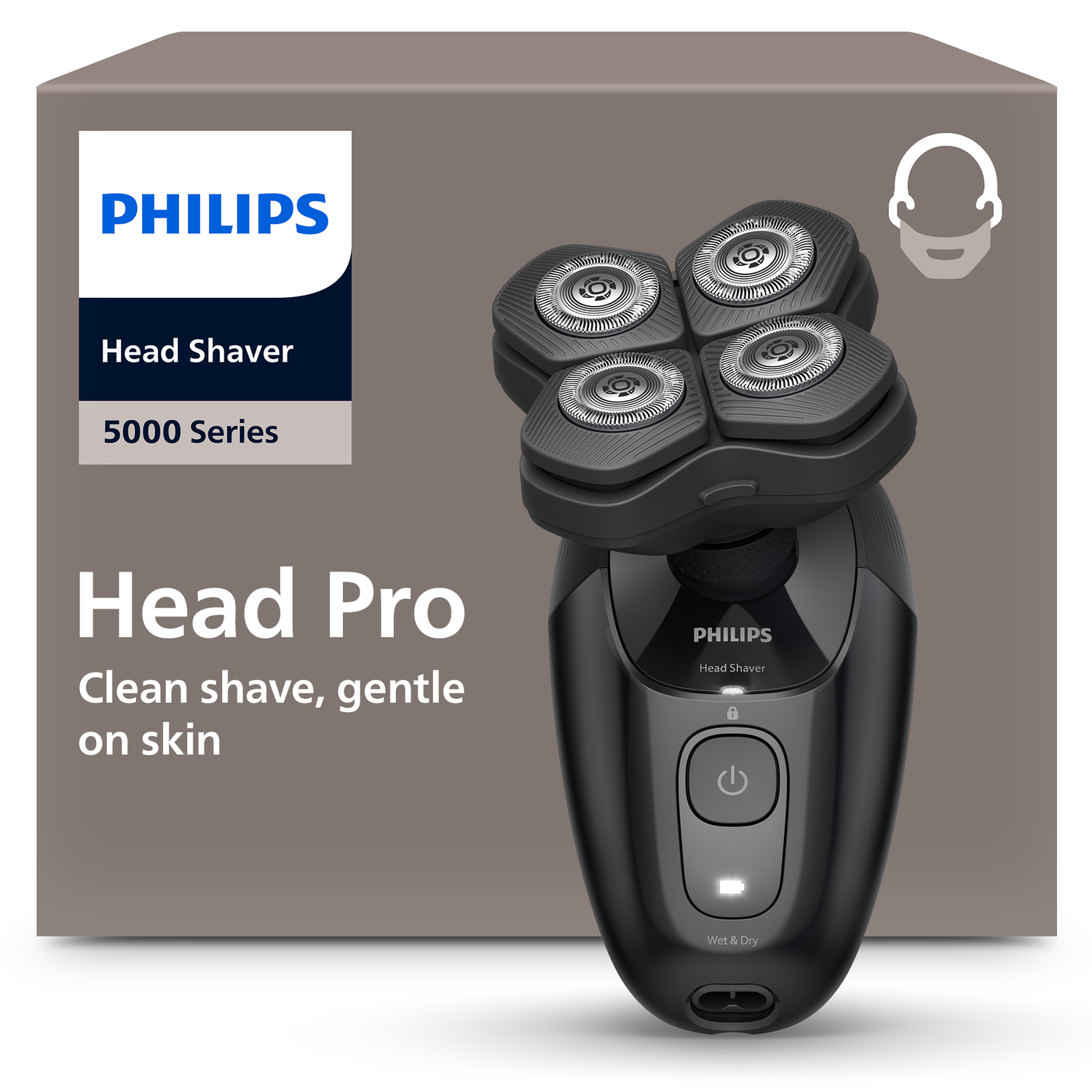 Black Philips Head Pro shaver with four heads, power button, and 'Wet & Dry' text on a gray background.