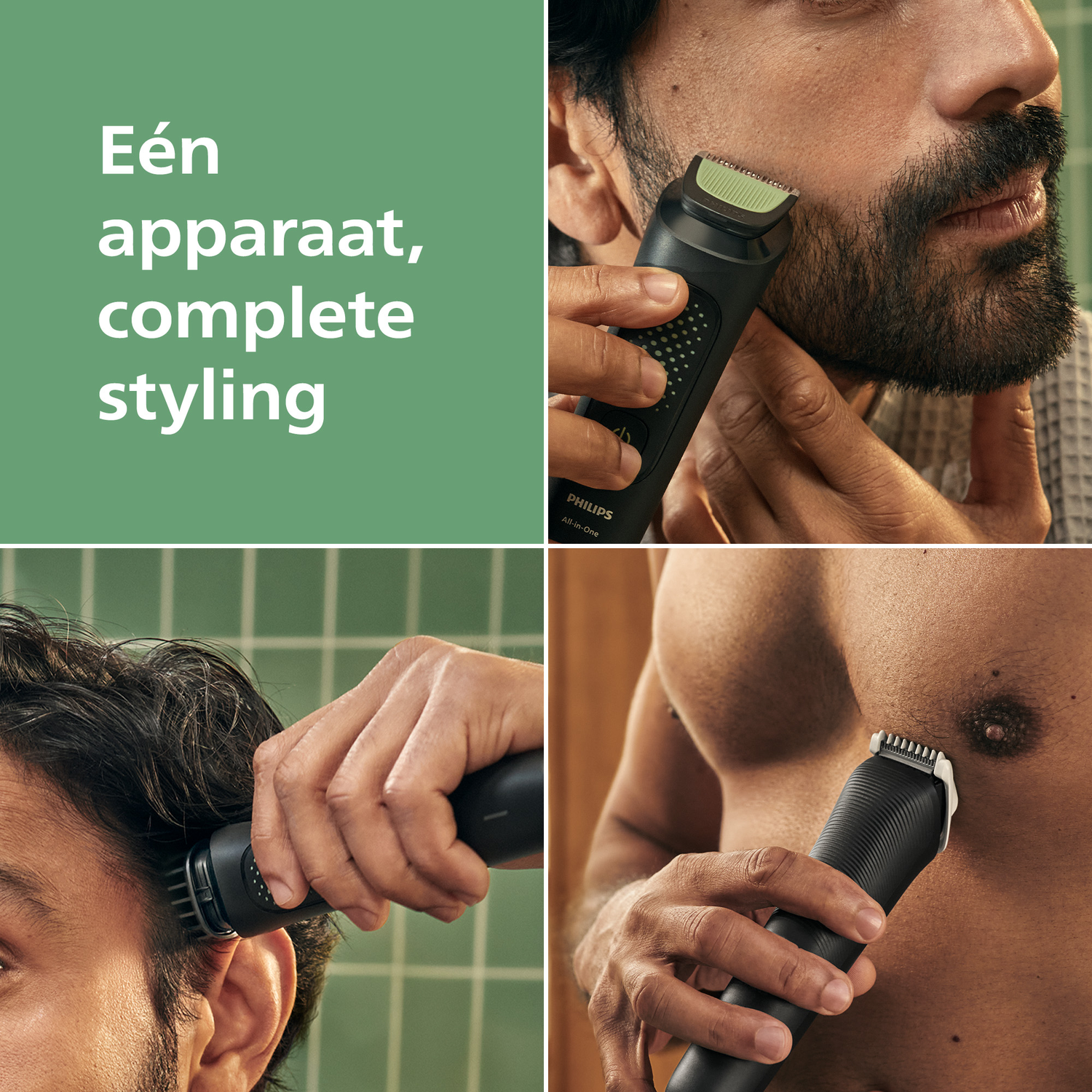 A man shaves his beard with a black Philips trimmer. The image promotes complete styling. The trimmer is used on beard and chest.