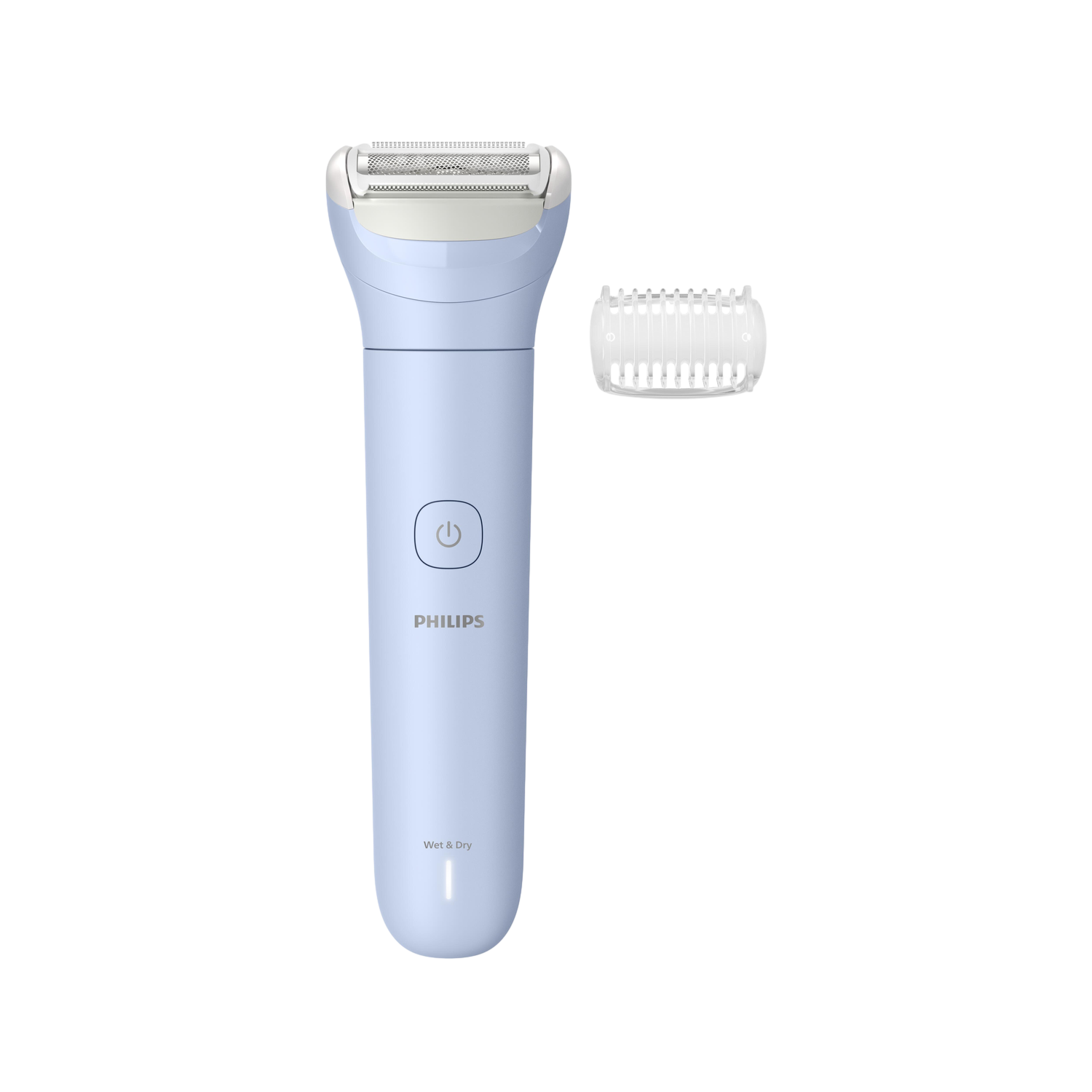 A light blue Philips wet and dry shaver with a white head and an additional white attachment. Black background.