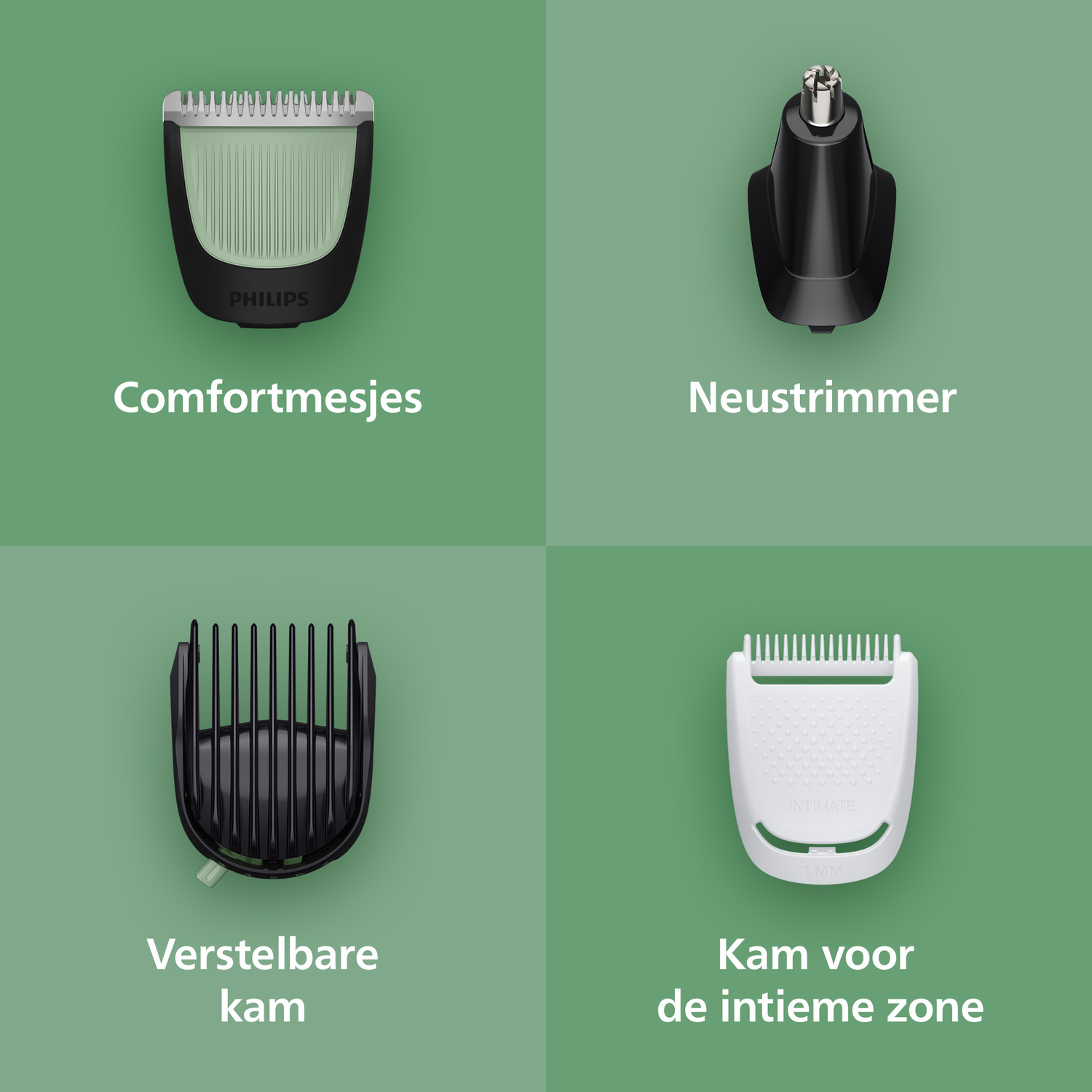 Image features four grooming tool attachments: a trimmer head, a nose trimmer, an adjustable comb, and an intimate area comb.