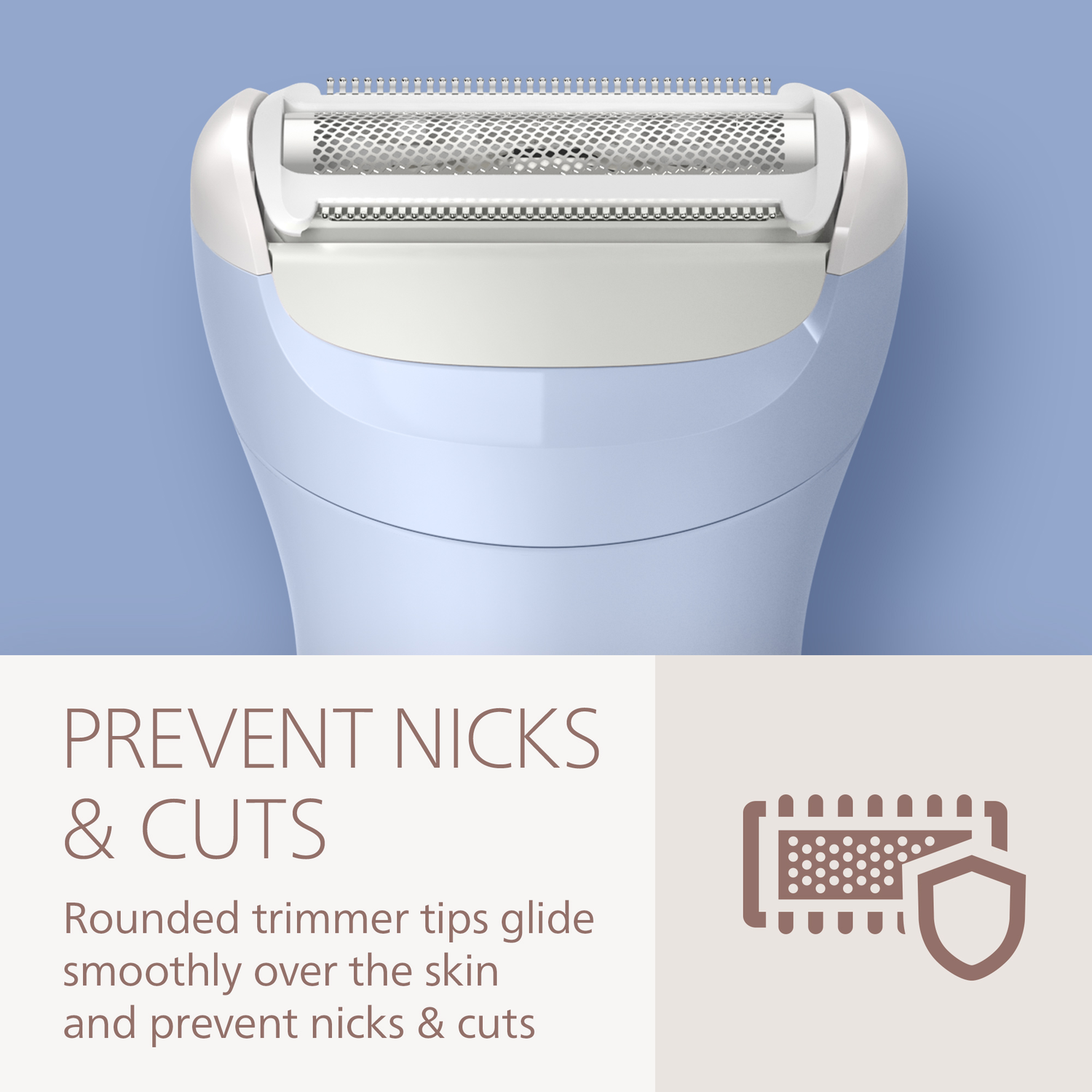 Close-up of a light blue and white electric shaver head. Text states "Prevent Nicks & Cuts". 