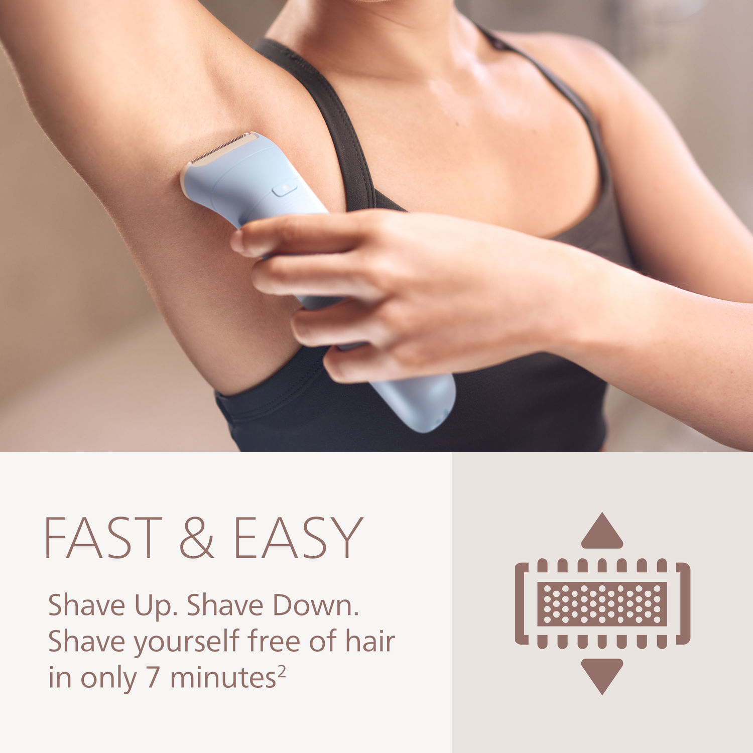 A woman shaves her underarm with a blue electric shaver. The image features text: Fast & Easy, Shave Up. Shave Down.