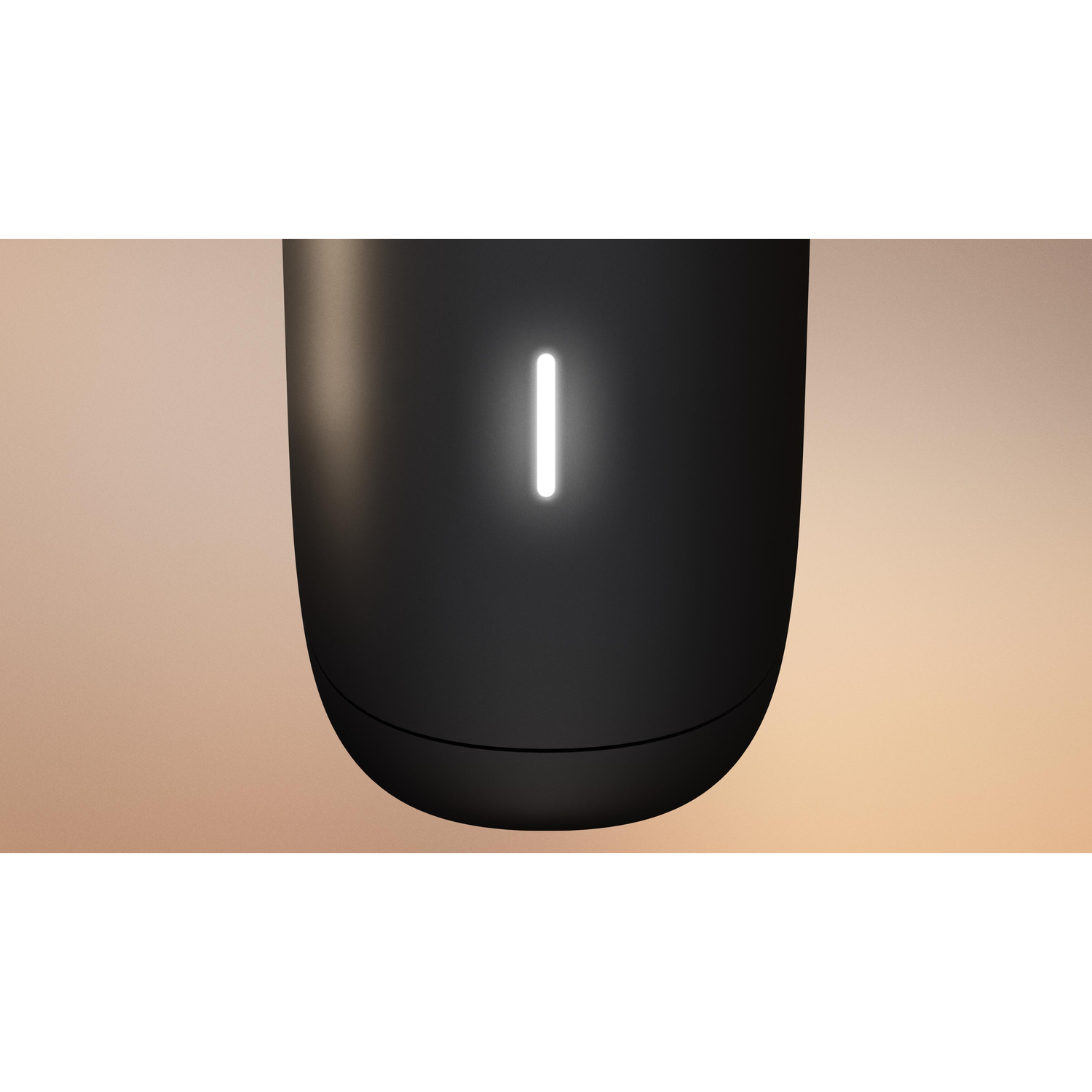 A black, cylindrical device with a glowing white vertical line. The background is a gradient of beige and light brown.