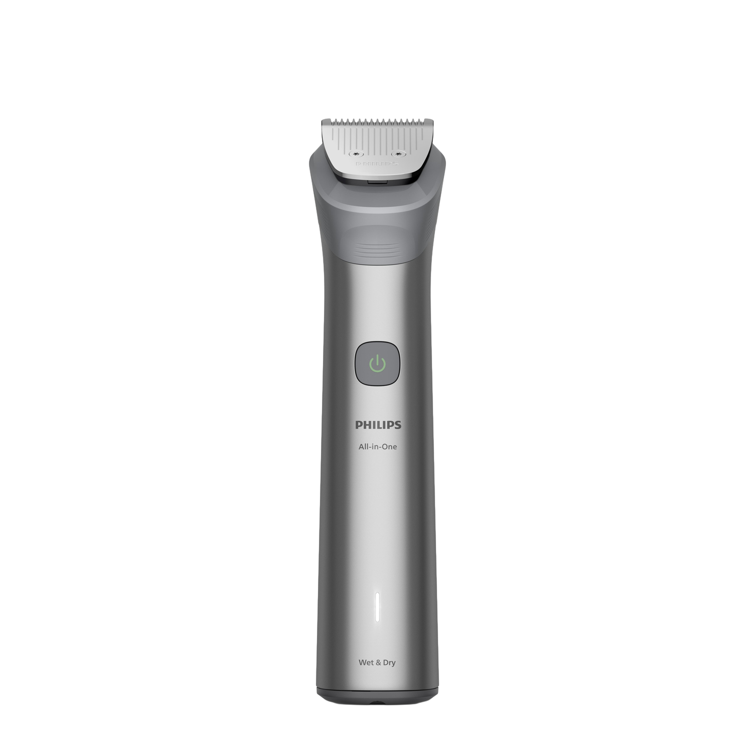 A silver Philips All-in-One trimmer on a black background. It is a wet & dry device with a power button and the brand name.