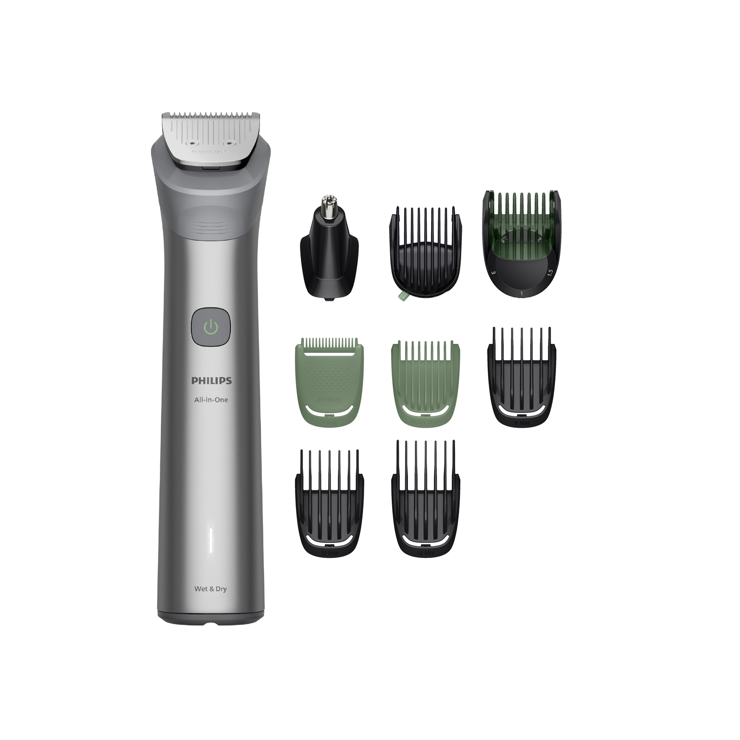 Philips All-in-One Wet & Dry bodygroomer met opzetstukken. Inclusief trimmer, neustrimmer en kamopzetstukken op witte achtergrond.