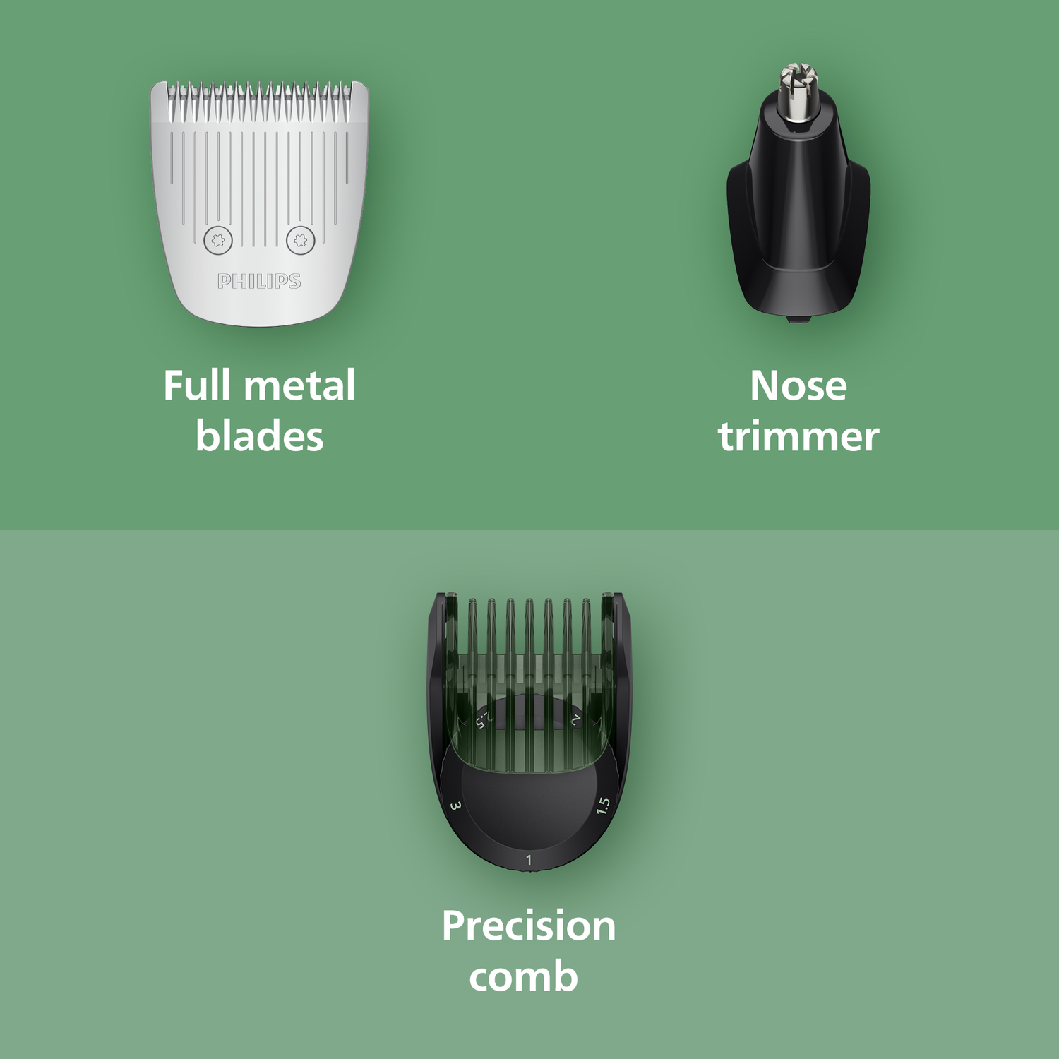 Afbeelding toont Philips scheeropzetstukken: volledige metalen mesjes, neustrimmer en precisiekam, alles op groene achtergrond.