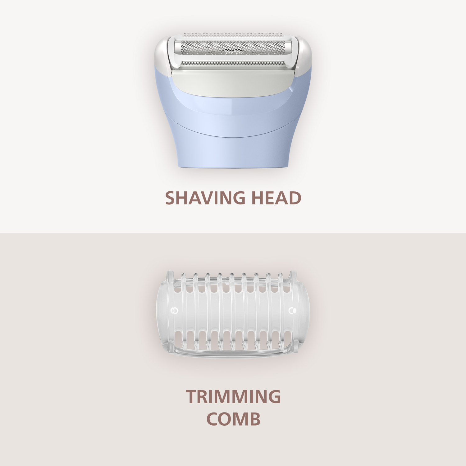 Image shows a shaving head and a trimming comb. The shaving head is blue and white. The comb is transparent.