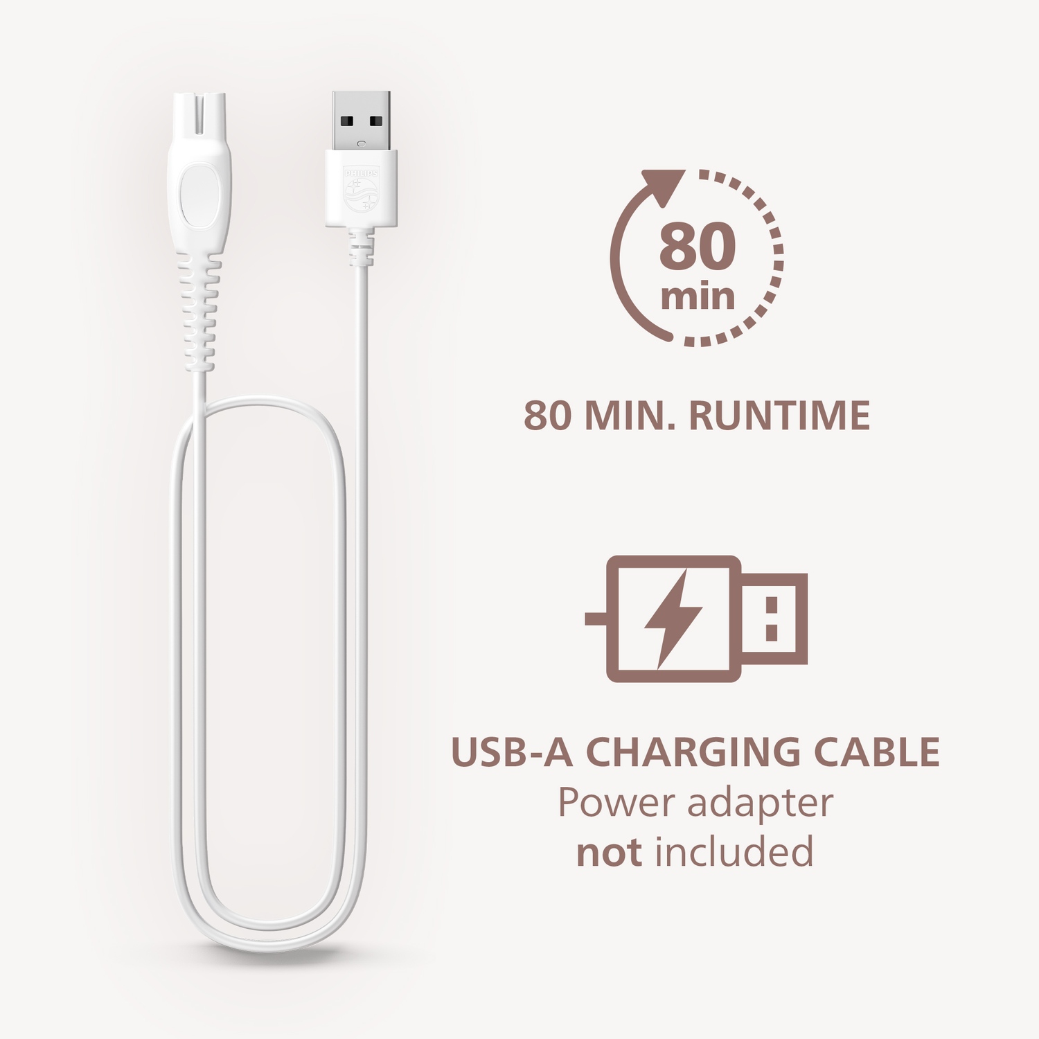 White USB-A charging cable with a Philips logo. Text: 80 min. runtime. USB-A charging cable. Power adapter not included.