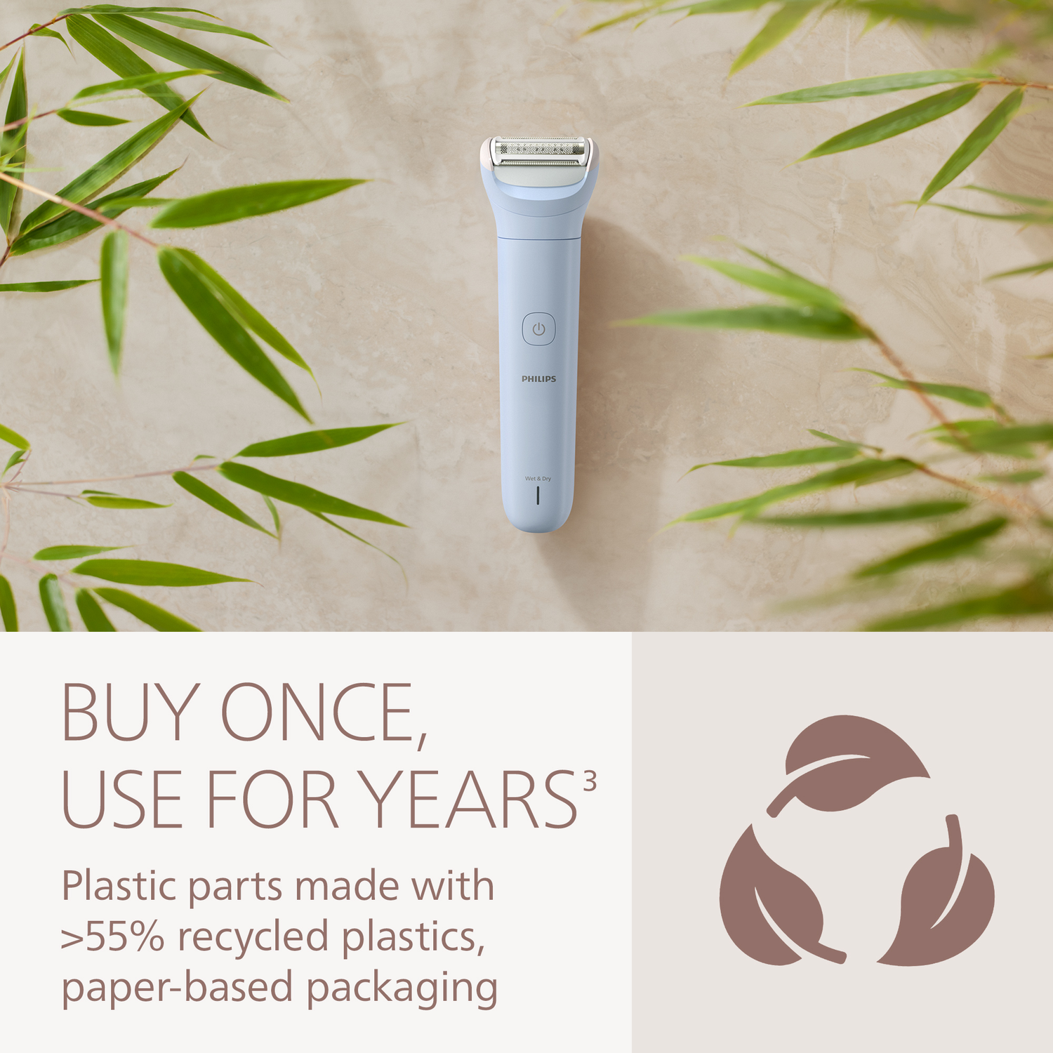 A blue Philips electric shaver is centered, surrounded by green bamboo leaves. Text reads 'Buy Once, Use for Years' and a recycling symbol.