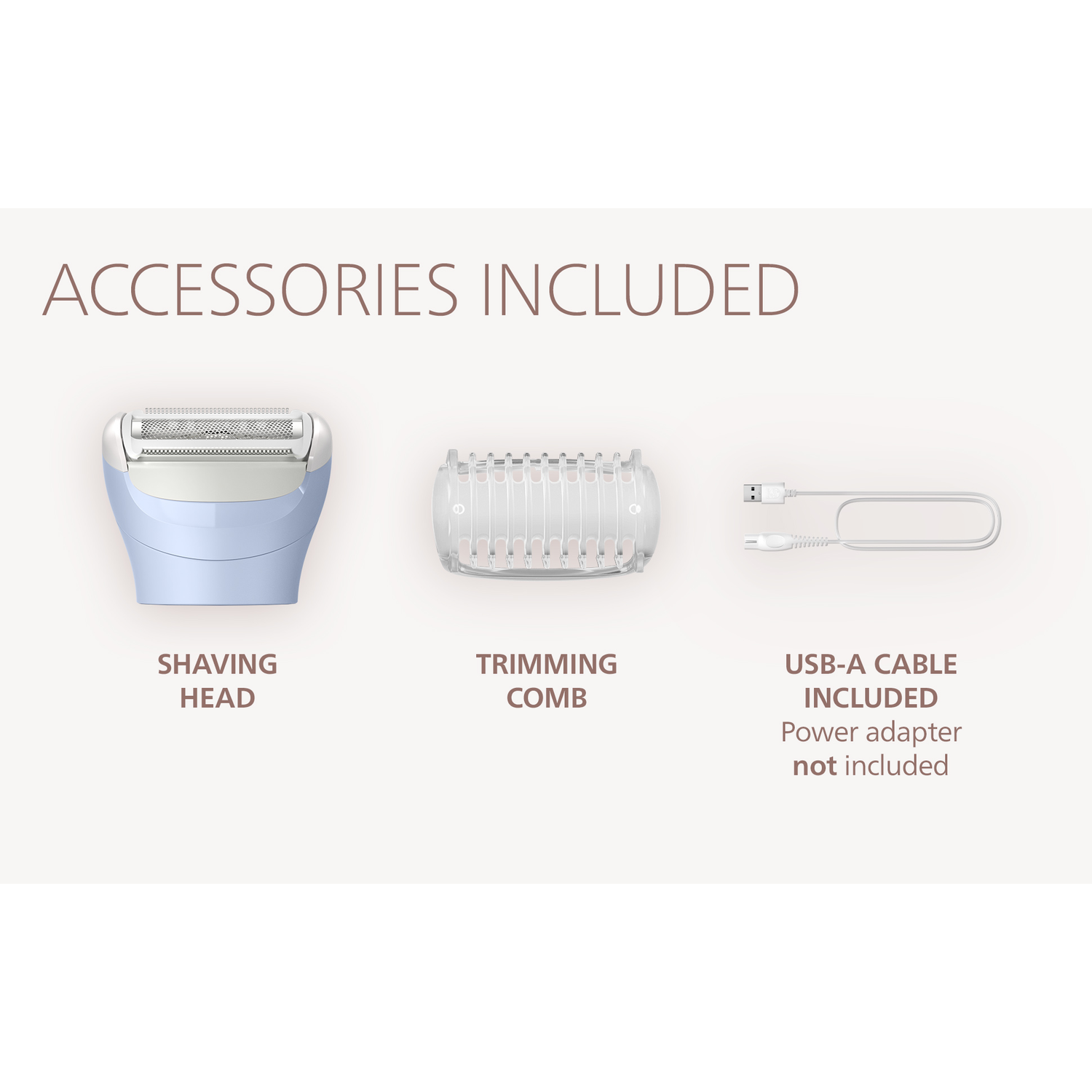 Image shows accessories: shaving head, trimming comb, and USB-A cable. Power adapter not included. Text says 'Accessories Included'.