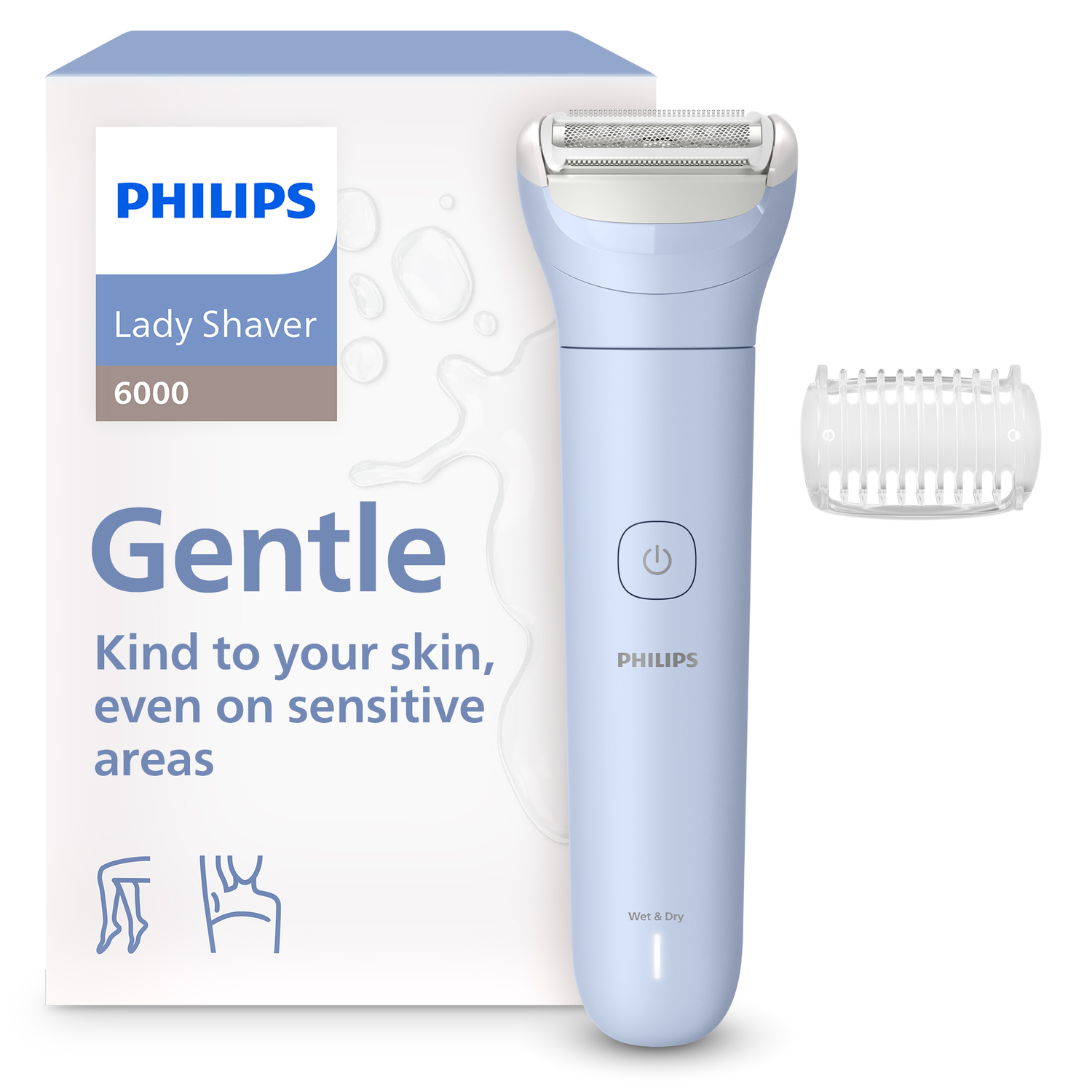 A blue Philips Lady Shaver with a white box. The shaver has a detachable head and a power button. The box says 'Gentle'.