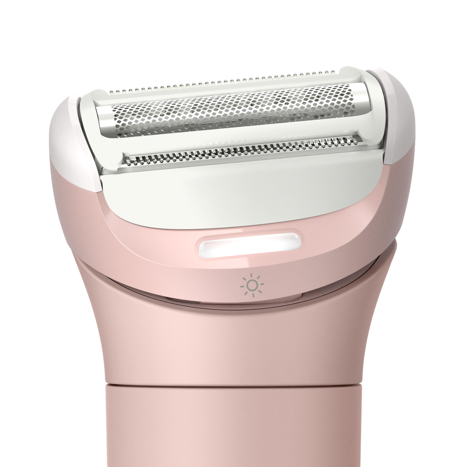 Close-up van een roze en witte elektrische scheerapparaat, met de messen en handvat. Een licht is verlicht op het apparaat.