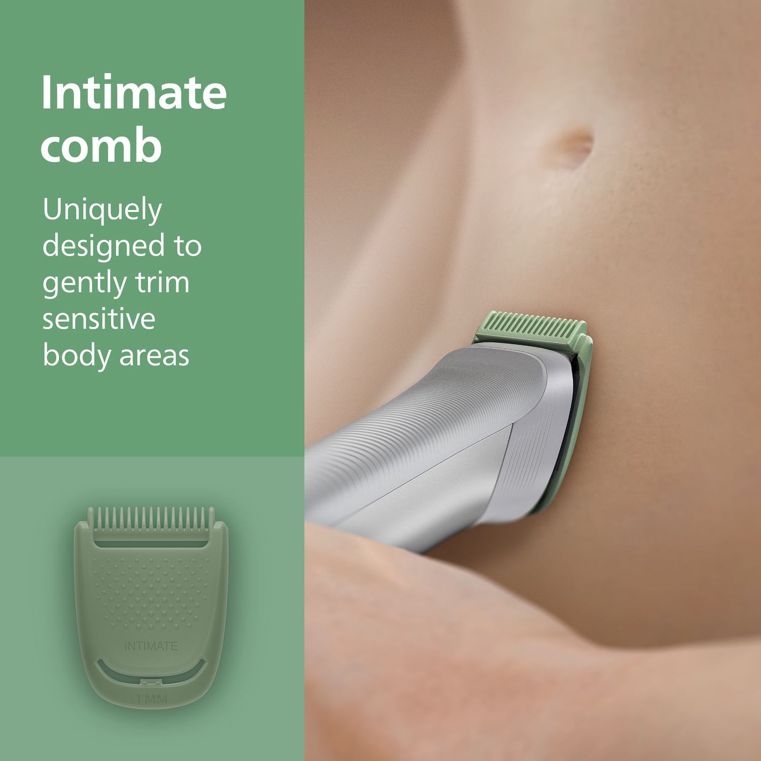 De buik van een persoon wordt getrimd met een zilver-groene trimmer. Een groene kam wordt weergegeven, met het woord intiem erop.