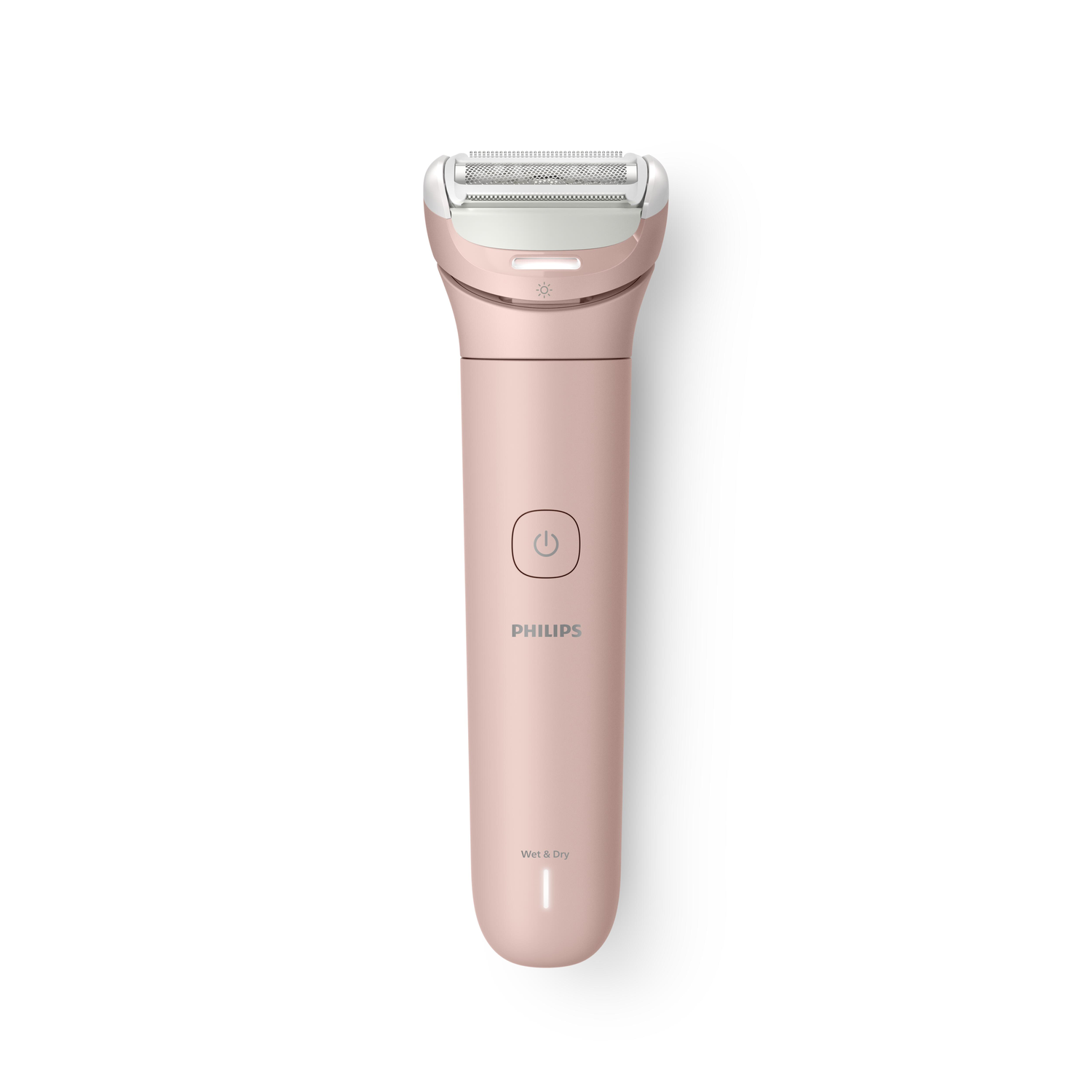 Een roségouden Philips Wet & Dry elektrisch scheerapparaat. Het heeft een witte kop met zilveren mesjes. De handgreep heeft een aan/uit-knop.