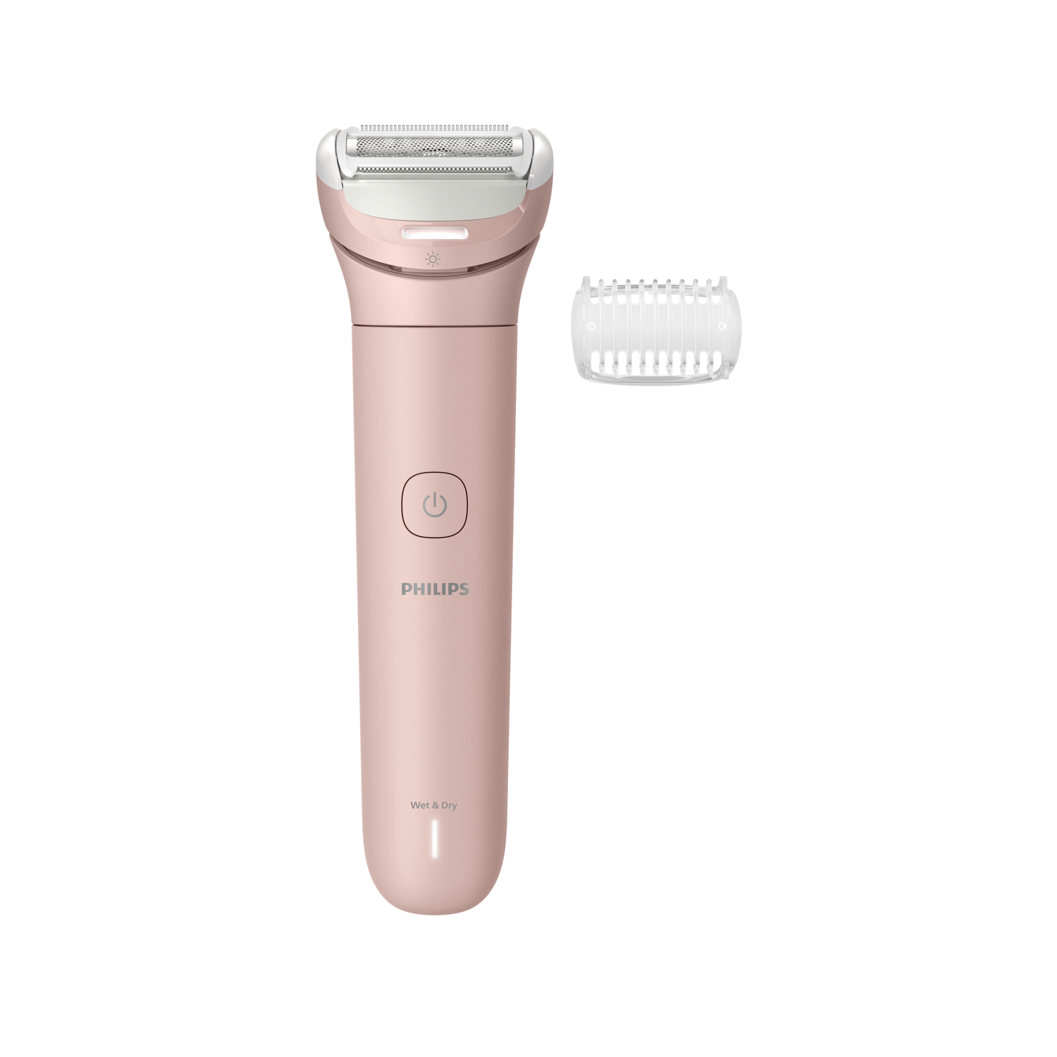 Een roségouden Philips nat- en droogscheerapparaat met een losse trimkop. Het scheerapparaat heeft een aan/uit-knop en het Philips-logo.
