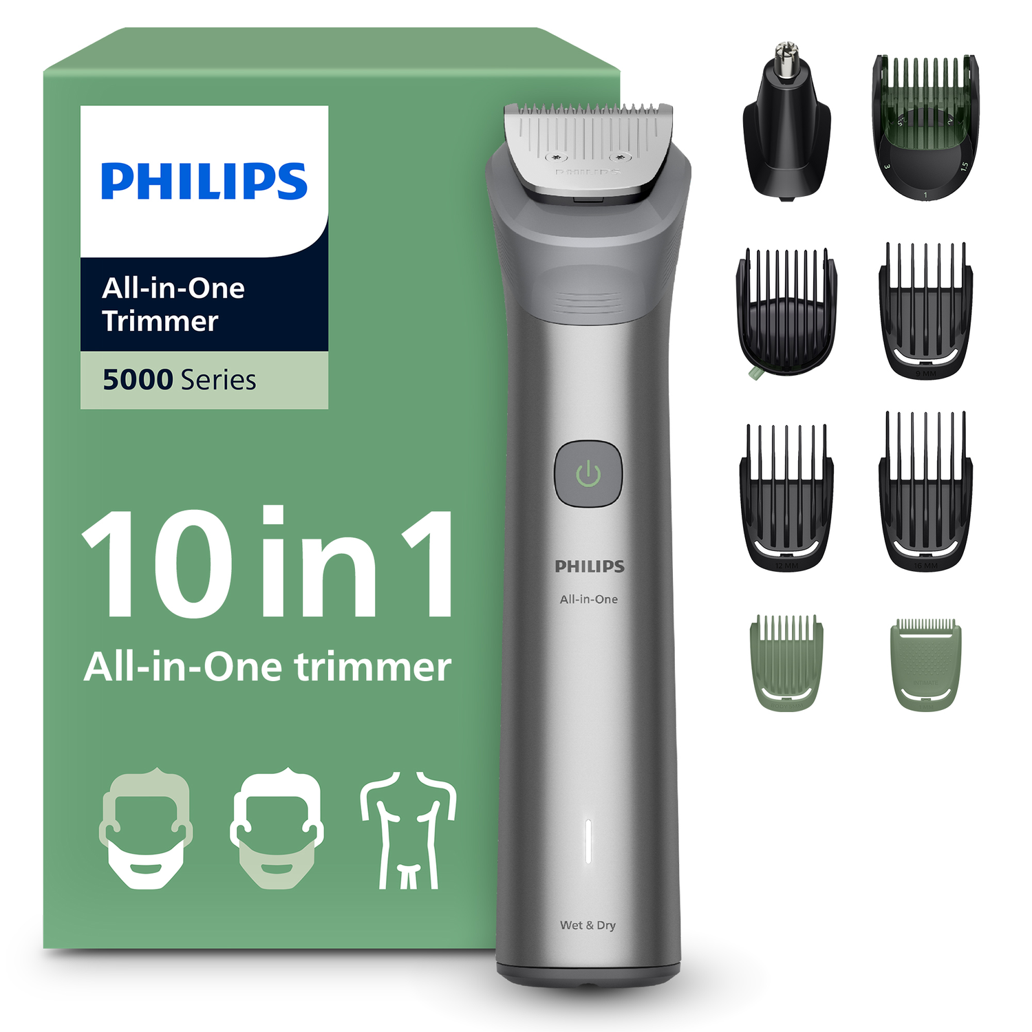 Philips All-in-One trimmer. Bevat de trimmer, diverse opzetstukken en een groene doos met merk- en productinformatie.