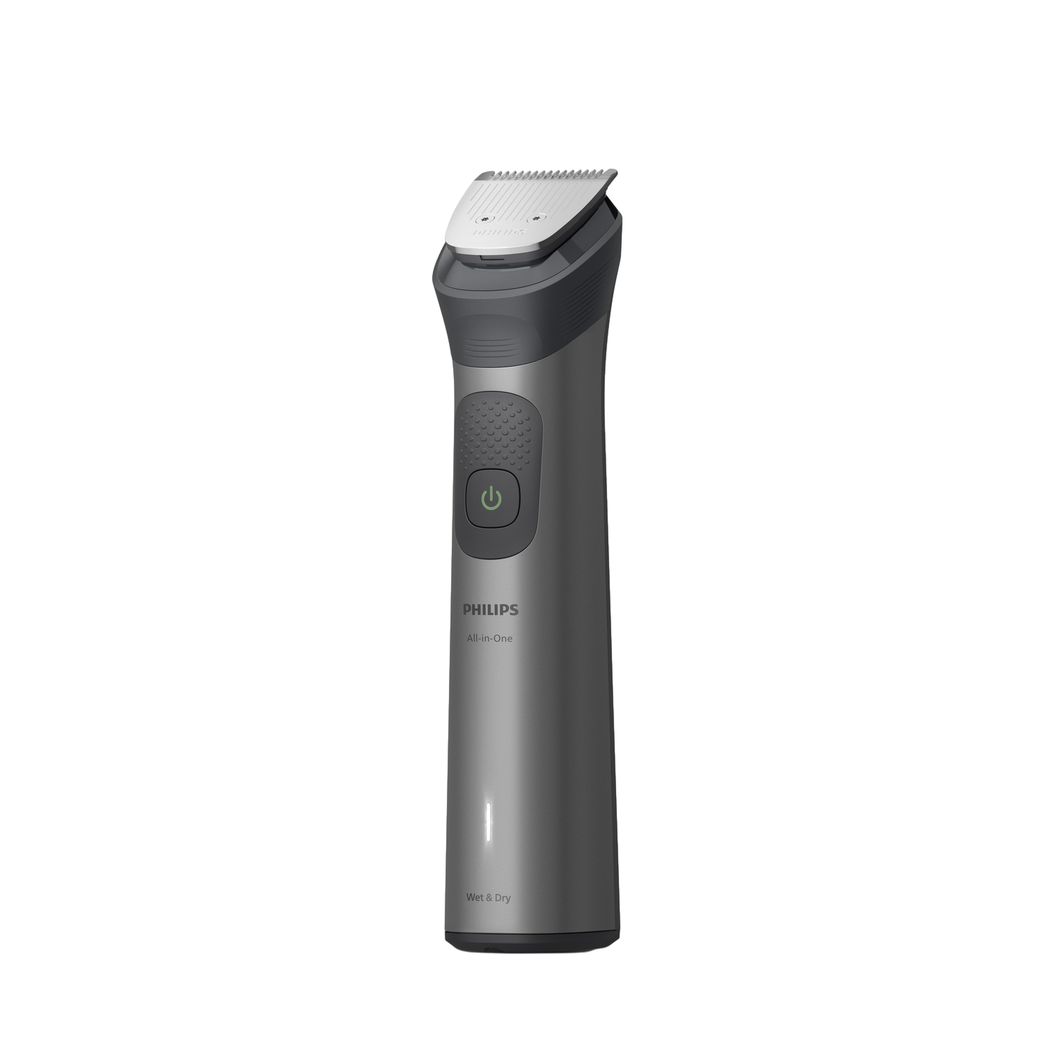 A Philips All-in-One Wet & Dry trimmer, silver and gray, on a black background. It has a power button.