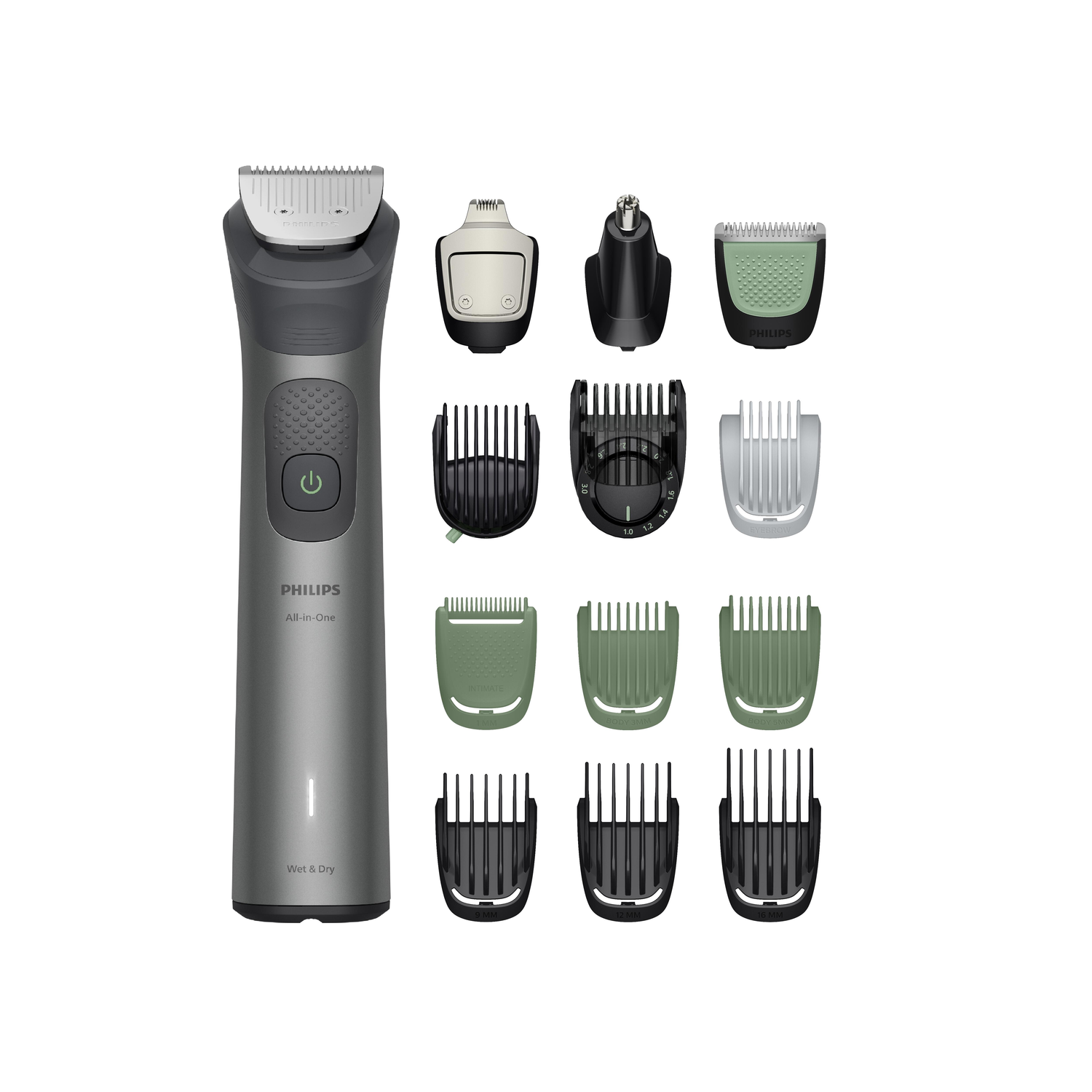 An all-in-one Philips grooming kit with a gray body, several attachments, and trimmer heads, displayed on a white background.