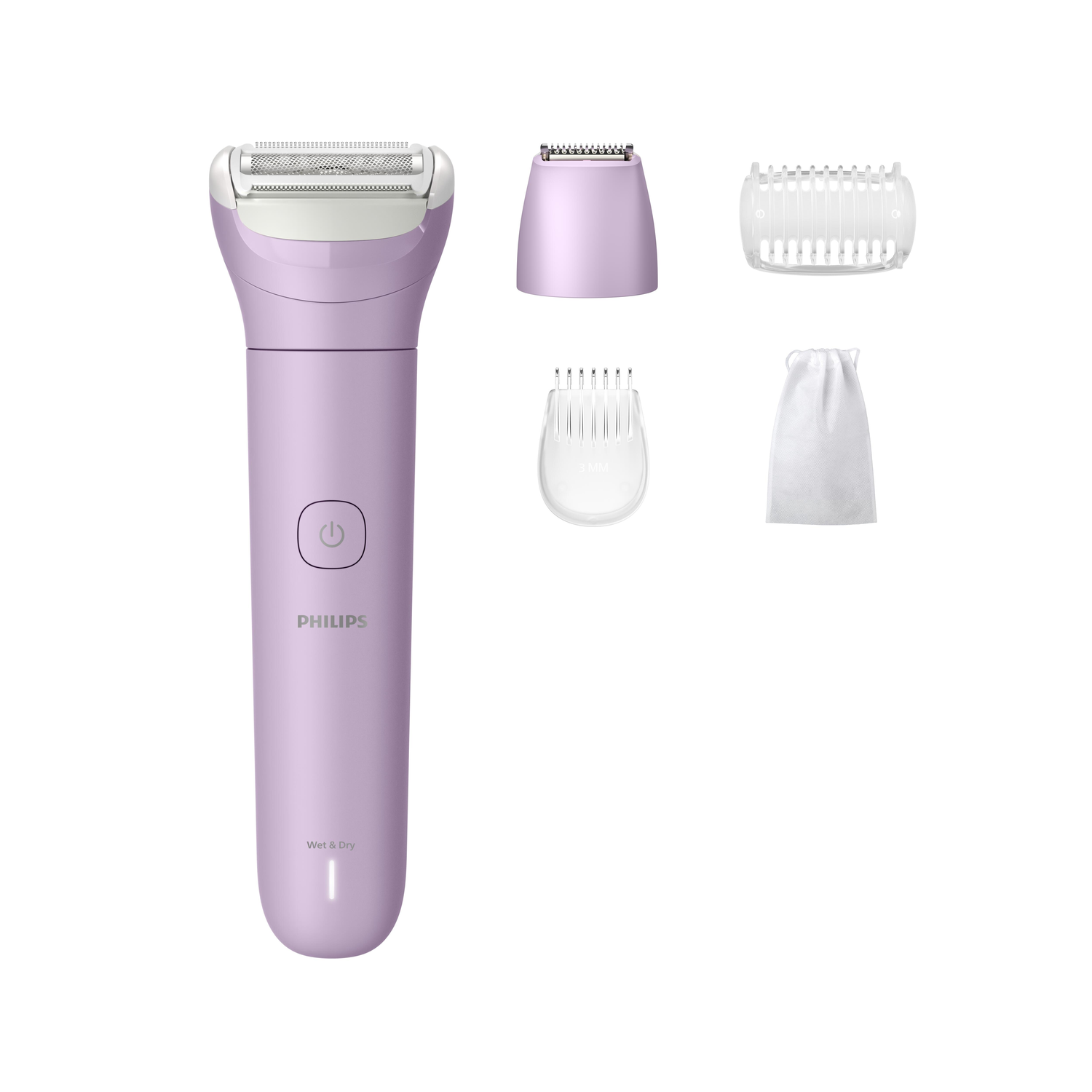 A lavender Philips Wet & Dry electric shaver with attachments: a trimmer, guard, comb, and pouch, against a white background.