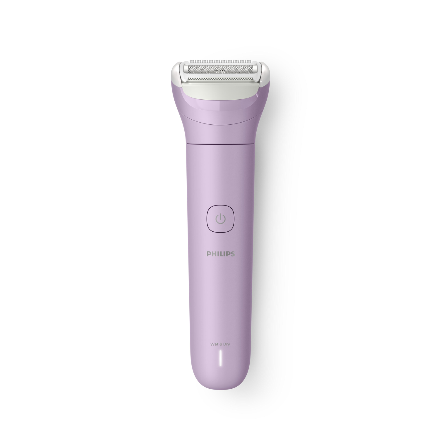 A lilac Philips electric shaver, angled view. The device has a white head, a power button, and the text "Philips".