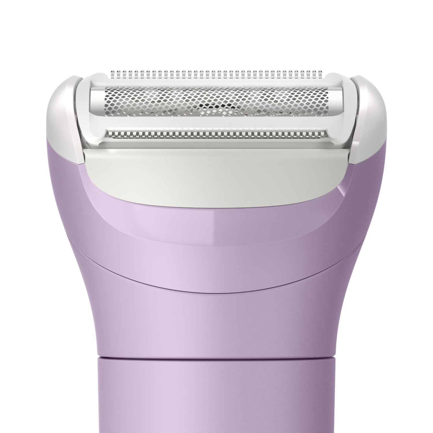 A close-up of a purple and white electric shaver. The head has a silver mesh and blades, the handle is a light purple.