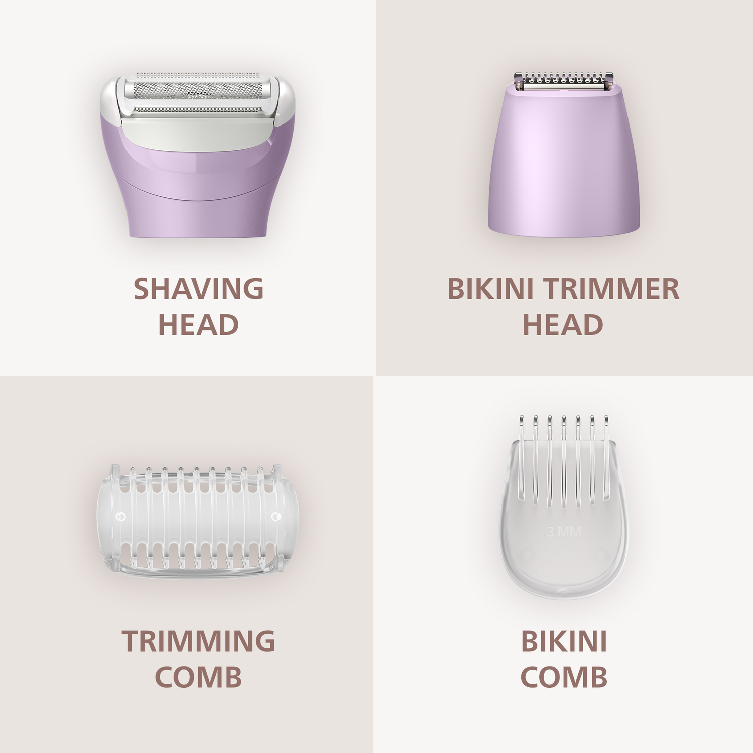 Image shows four different grooming attachments: a shaving head, a bikini trimmer head, a trimming comb, and a bikini comb.