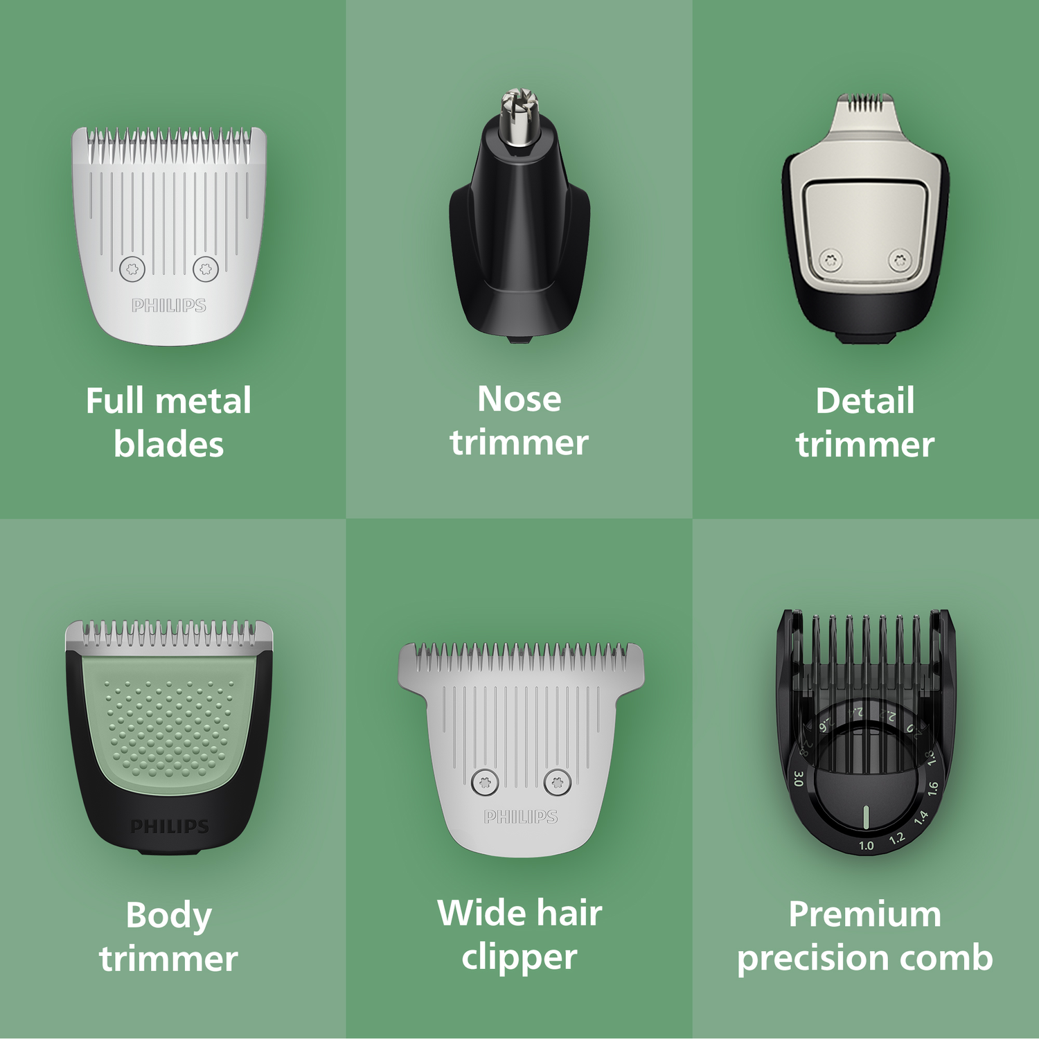 Image shows six Philips grooming attachments: full metal blades, nose trimmer, detail trimmer, body trimmer, wide hair clipper, and precision comb.
