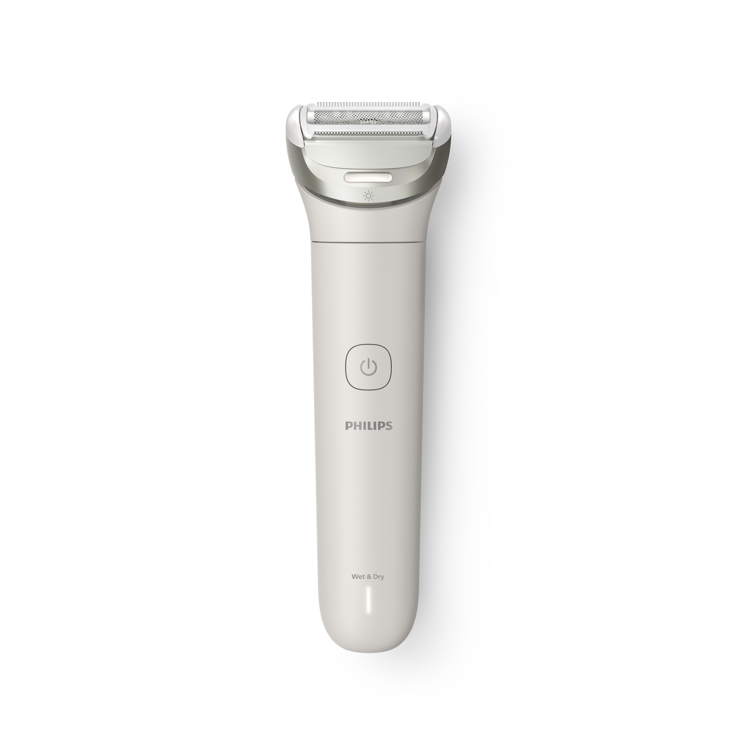 Een Philips nat- en droogscheerapparaat. Het is lichtgrijs met een aan/uit-knop en de merknaam. Witte achtergrond.